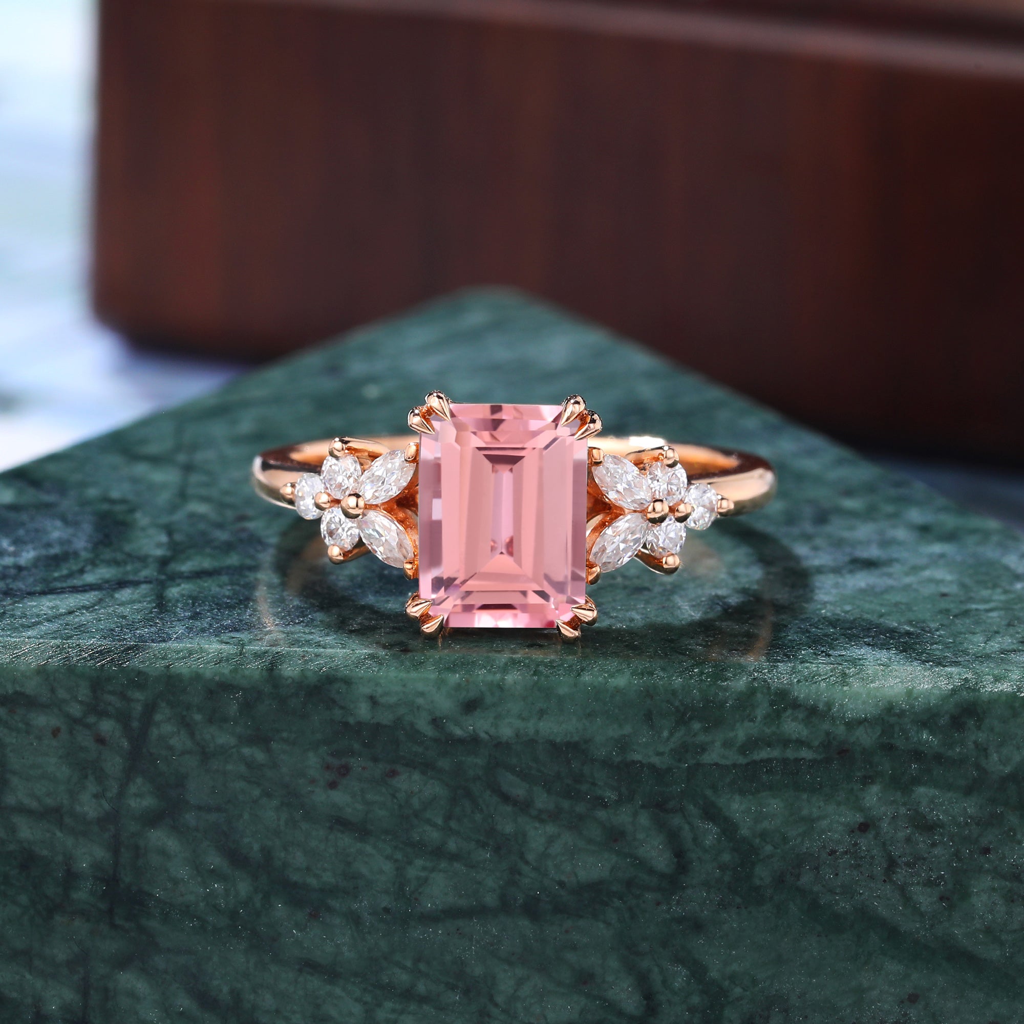 Emerald cut Lab Pink Sapphire engagement ring 925silver/10k/14k/18k gold , unique moissanite bridal ring rose/white/yellow gold ring