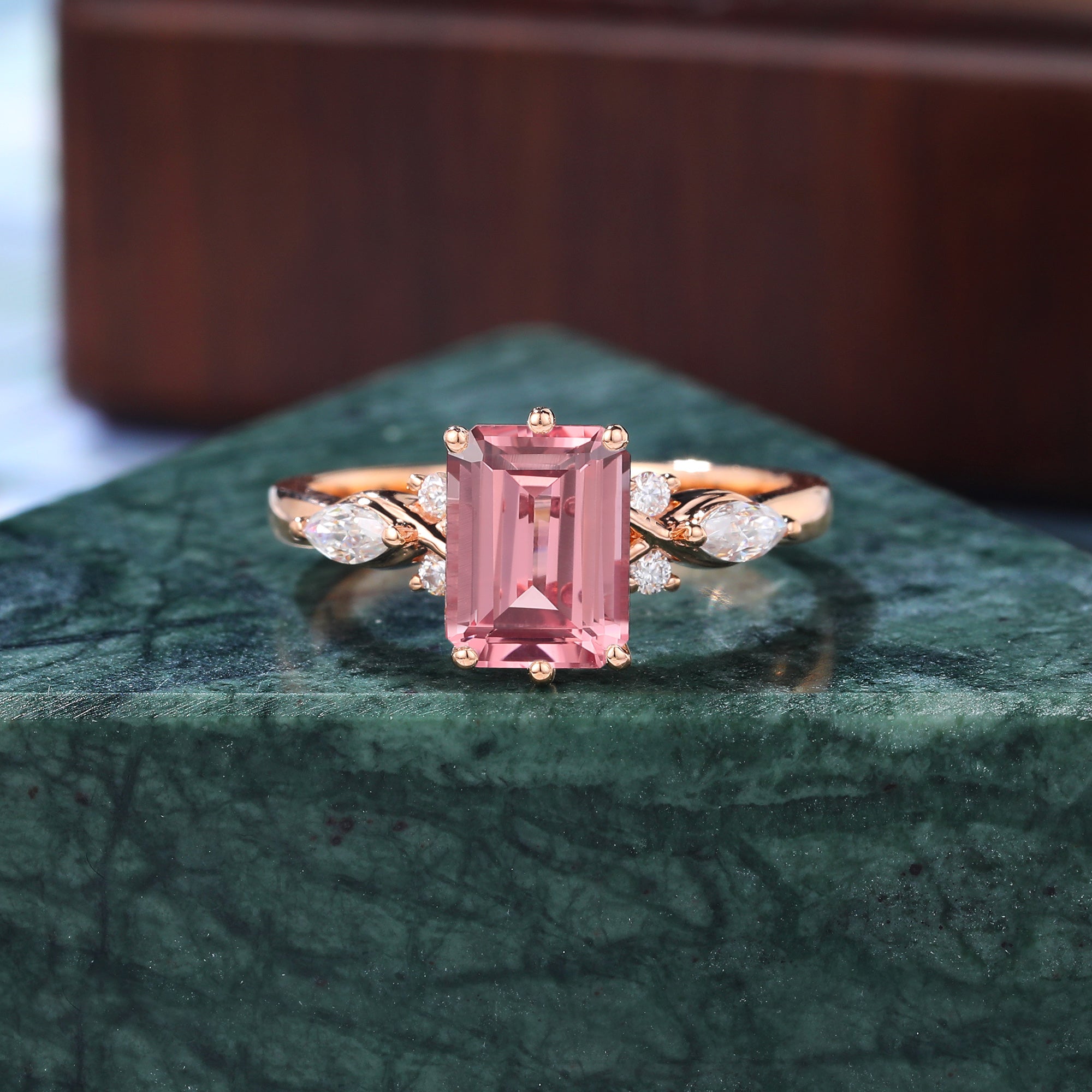 Emerald cut Lab Pink Sapphire engagement ring 925silver/10k/14k/18k gold , unique moissanite bridal ring rose/white/yellow gold ring