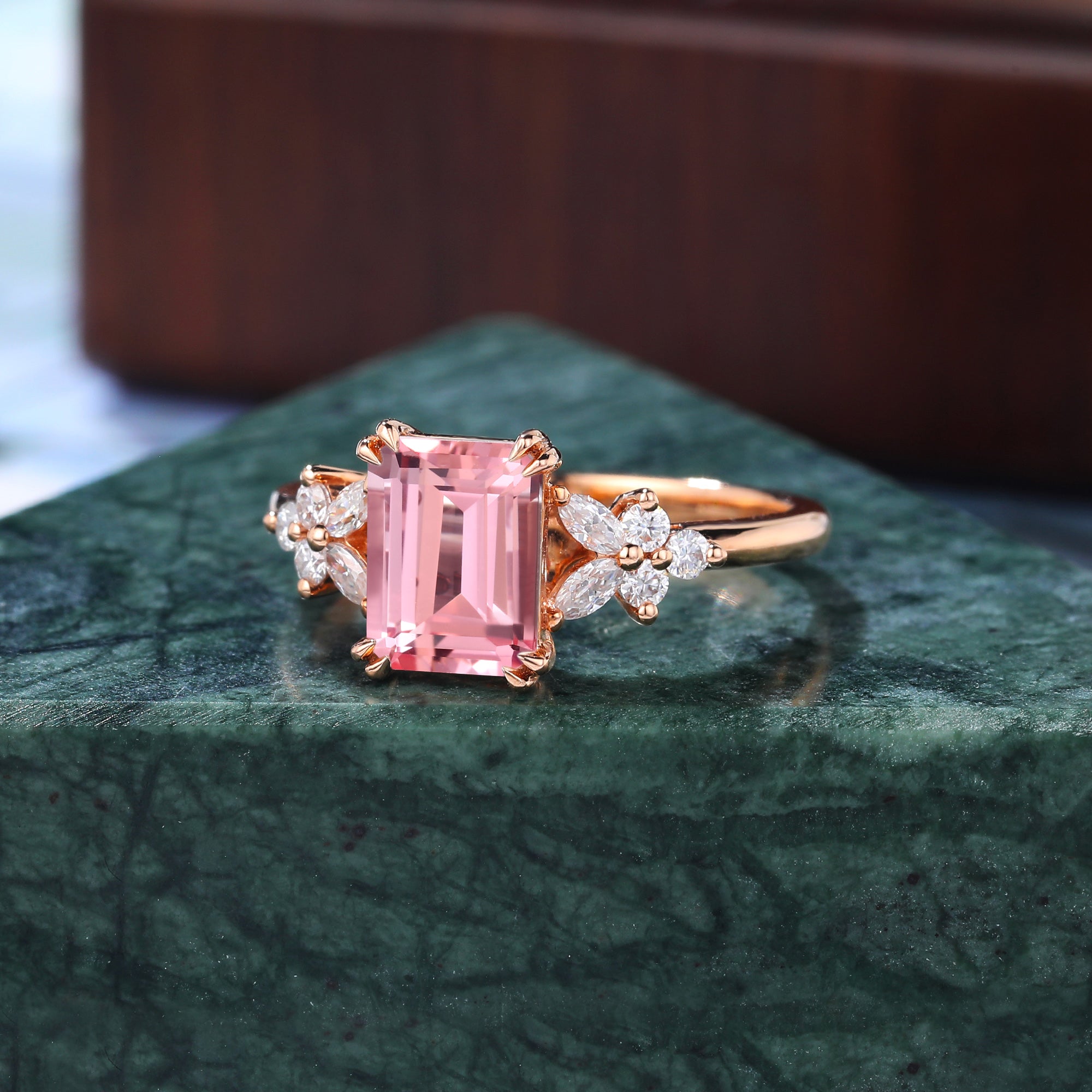 Emerald cut Lab Pink Sapphire engagement ring 925silver/10k/14k/18k gold , unique moissanite bridal ring rose/white/yellow gold ring