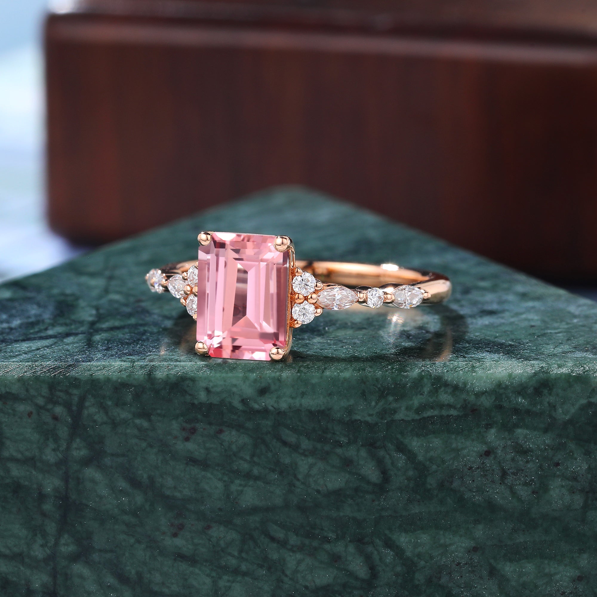 Emerald cut Lab Pink Sapphire engagement ring 925silver/10k/14k/18k gold , unique moissanite bridal ring rose/white/yellow gold ring