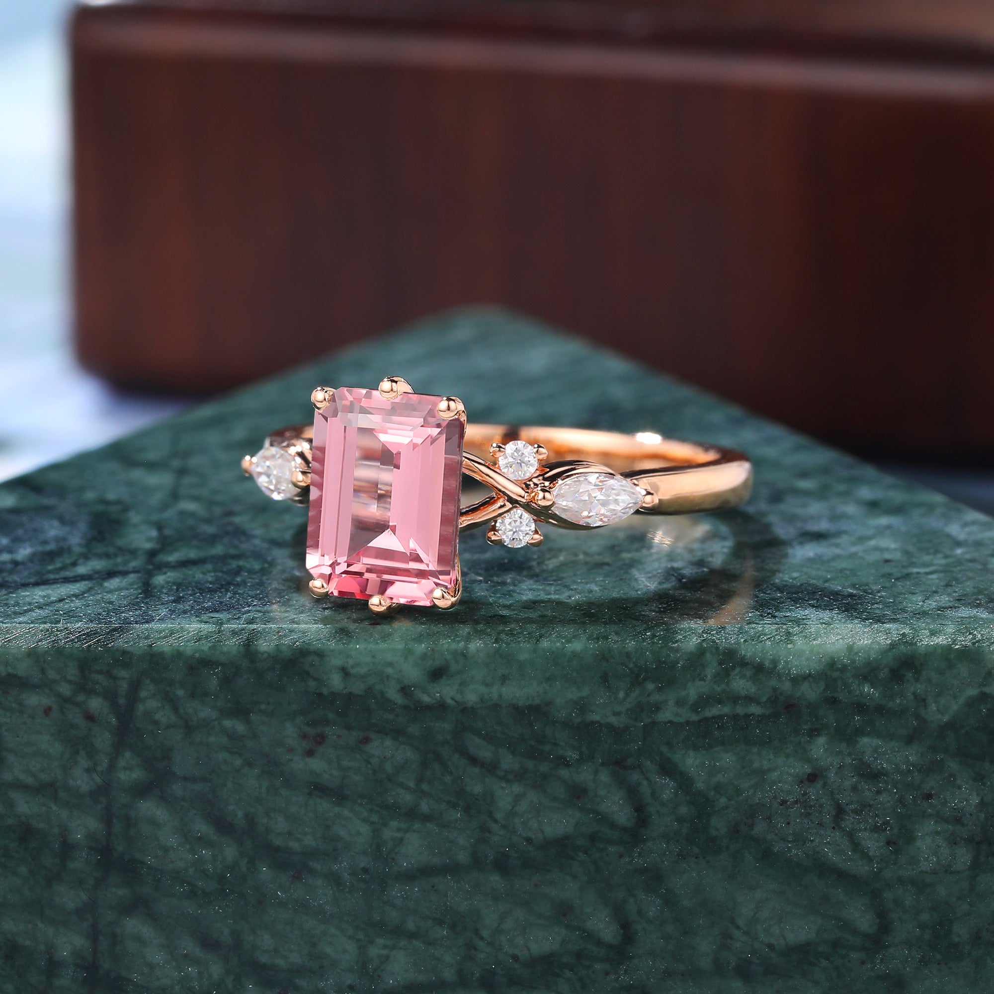 Emerald cut Lab Pink Sapphire engagement ring 925silver/10k/14k/18k gold , unique moissanite bridal ring rose/white/yellow gold ring