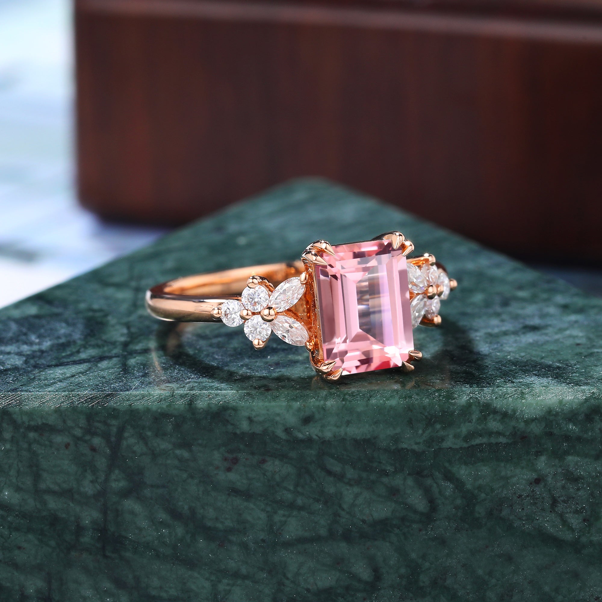 Emerald cut Lab Pink Sapphire engagement ring 925silver/10k/14k/18k gold , unique moissanite bridal ring rose/white/yellow gold ring