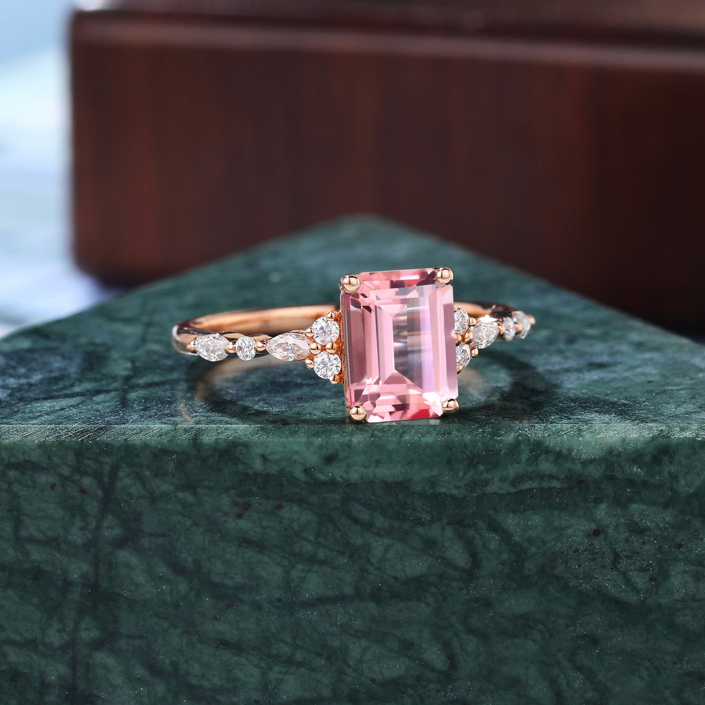 Emerald cut Lab Pink Sapphire engagement ring 925silver/10k/14k/18k gold , unique moissanite bridal ring rose/white/yellow gold ring