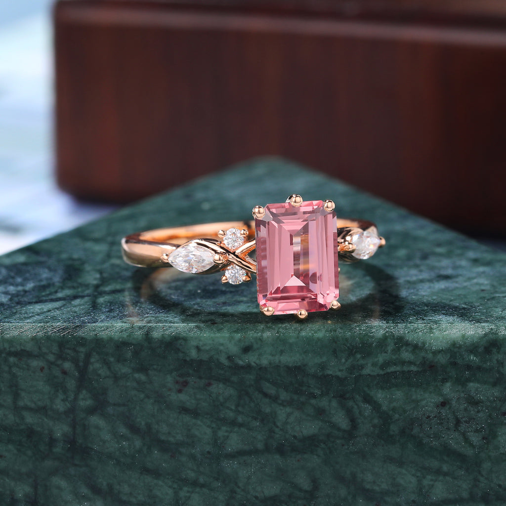 Emerald cut Lab Pink Sapphire engagement ring 925silver/10k/14k/18k gold , unique moissanite bridal ring rose/white/yellow gold ring