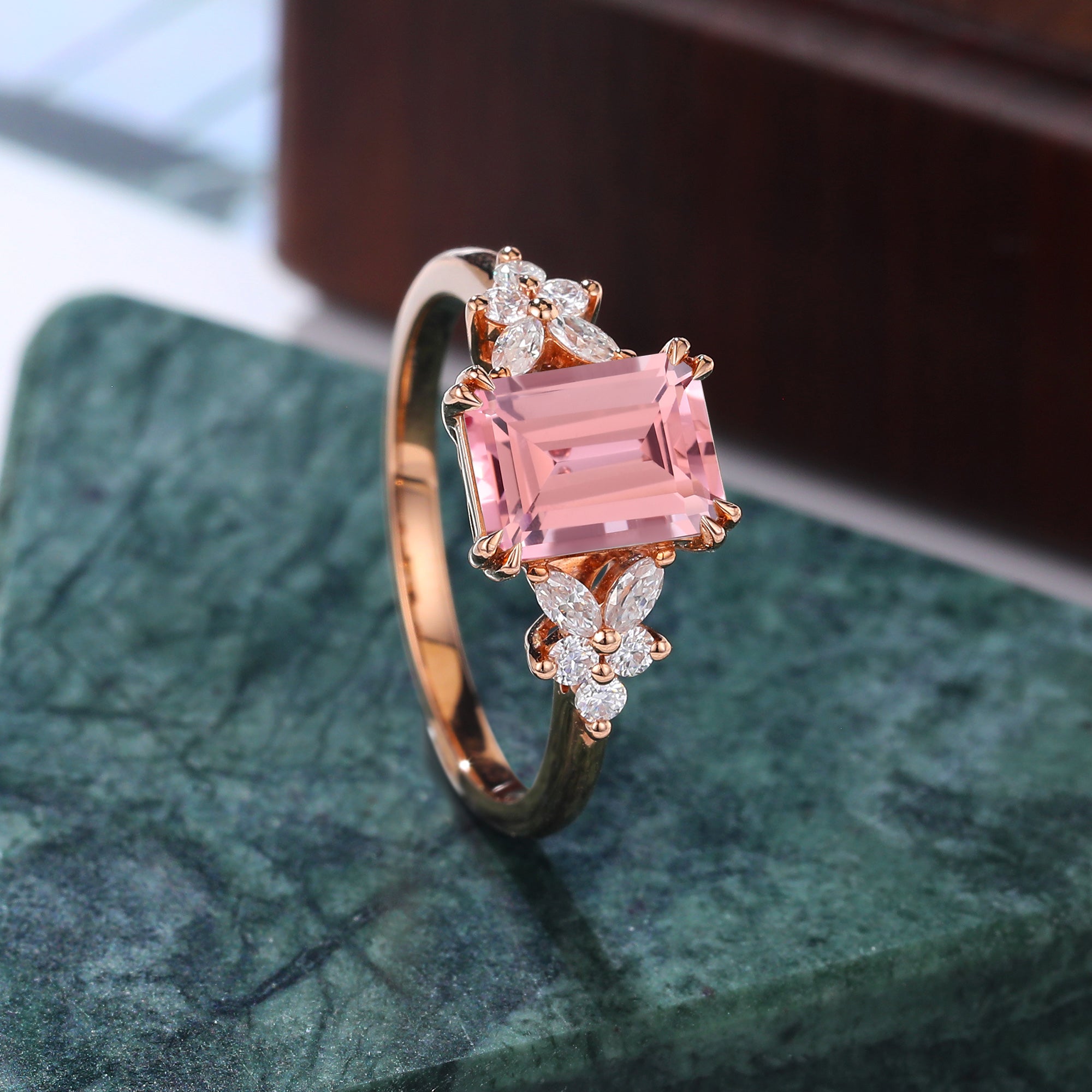 Emerald cut Lab Pink Sapphire engagement ring 925silver/10k/14k/18k gold , unique moissanite bridal ring rose/white/yellow gold ring
