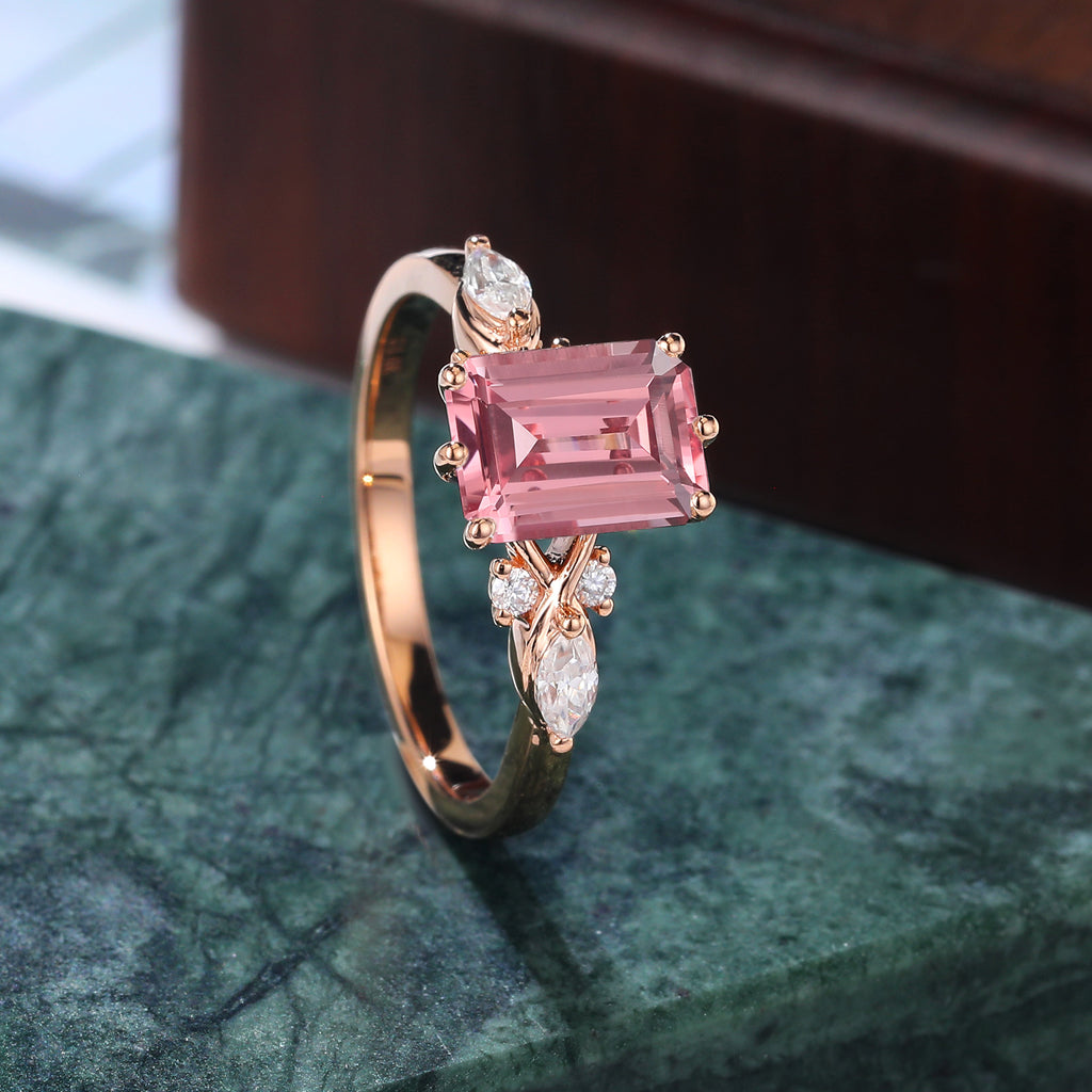Emerald cut Lab Pink Sapphire engagement ring 925silver/10k/14k/18k gold , unique moissanite bridal ring rose/white/yellow gold ring
