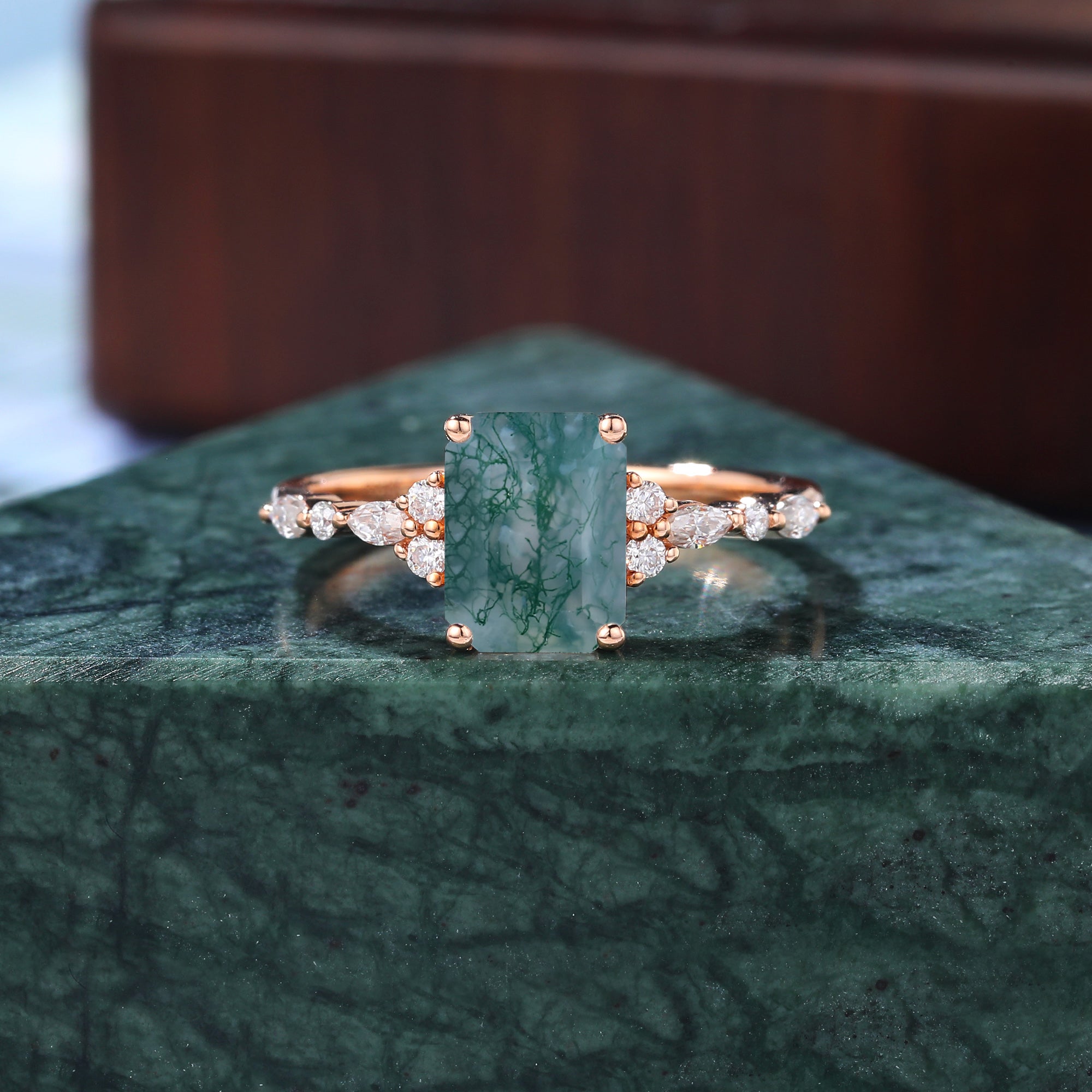 Emerald cut Moss agate engagement ring S925/10k/14k/18k , rose/white/yellow gold