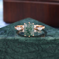 Emerald cut Moss agate engagement ring S925/10k/14k/18k gold. unique bridal ring rose/white/yellow gold ring