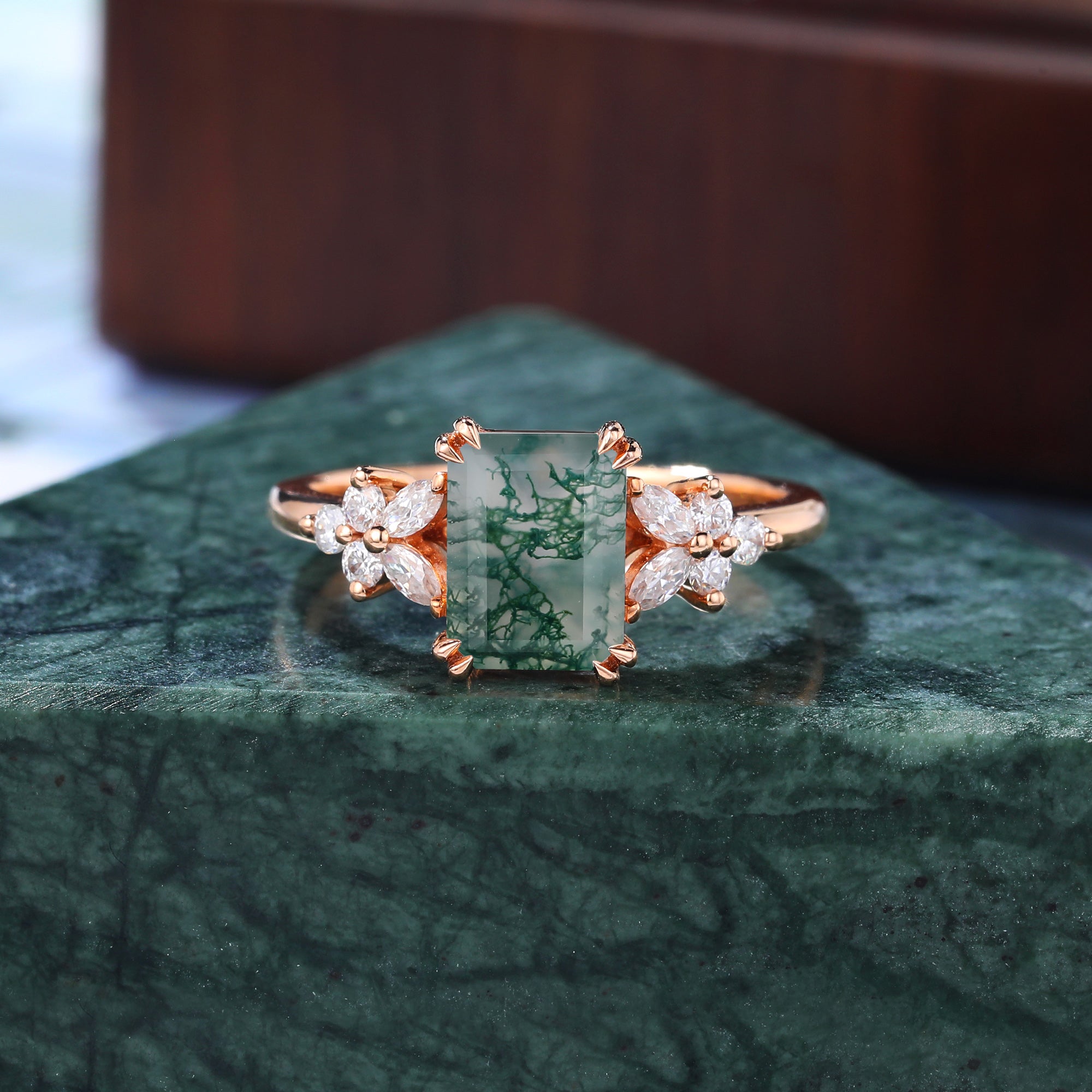 Emerald cut Moss agate rose gold engagement ring S925/10k/14k/18k gold