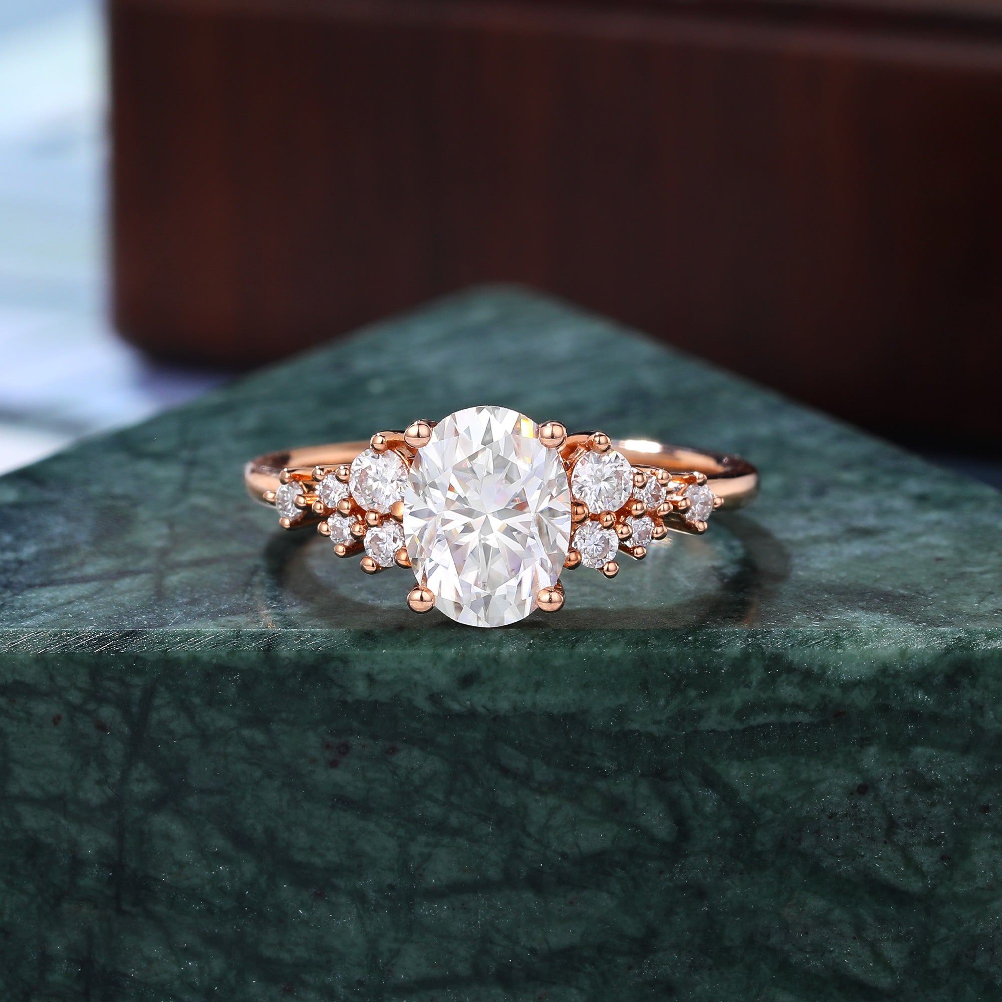 Oval moissanite engagement ring, Cluster rose gold white gold ring, S925/10K/14/18k gold