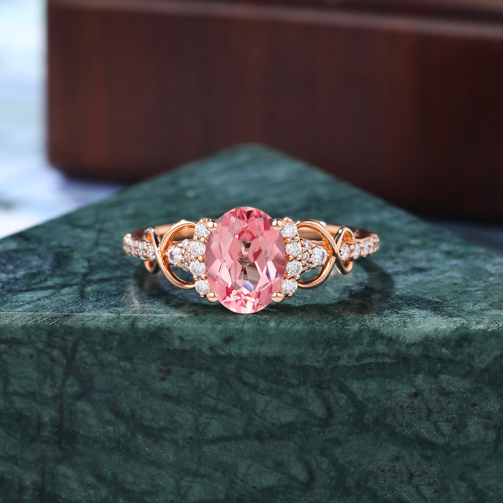 Oval cut Lab Pink Sapphire engagement ring , unique moissanite bridal ring rose/white/yellow gold , S925/10k/14k/18k gold
