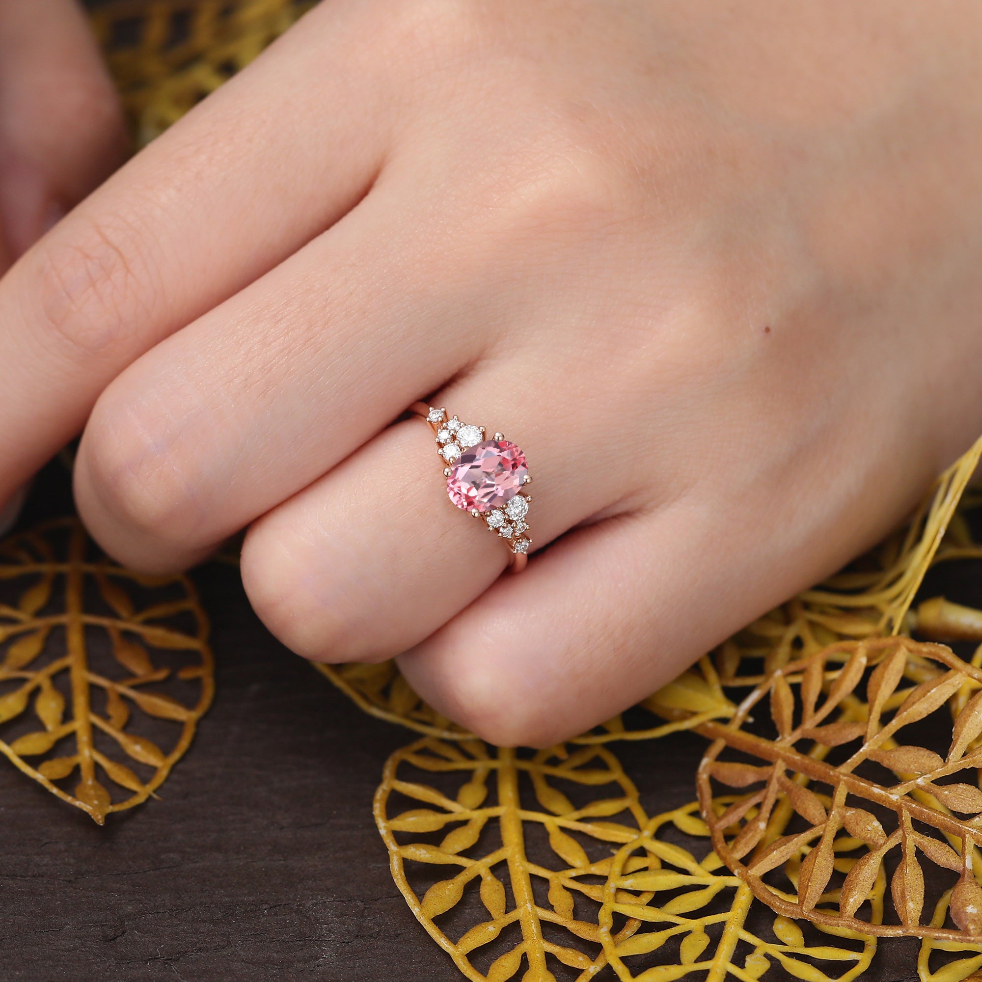 Oval cut Lab Pink Sapphire engagement ring S925/10k/14k/18k gold , unique moissanite bridal ring rose/white/yellow gold