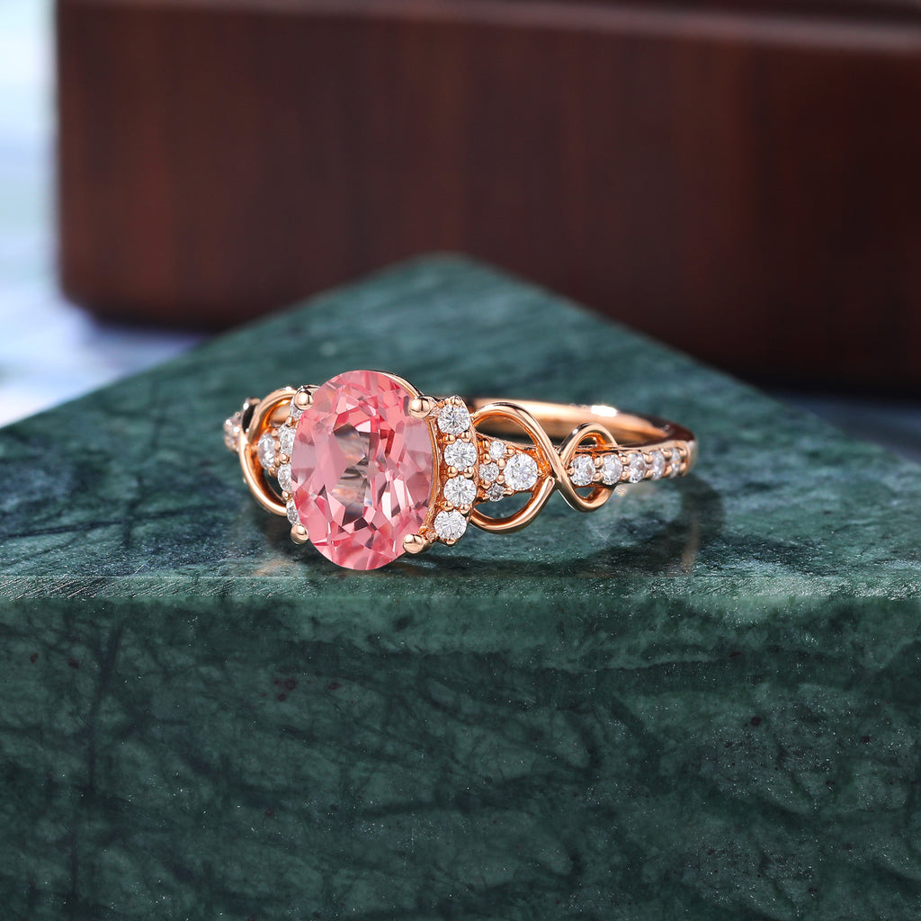 Oval cut Lab Pink Sapphire engagement ring , unique moissanite bridal ring rose/white/yellow gold , S925/10k/14k/18k gold