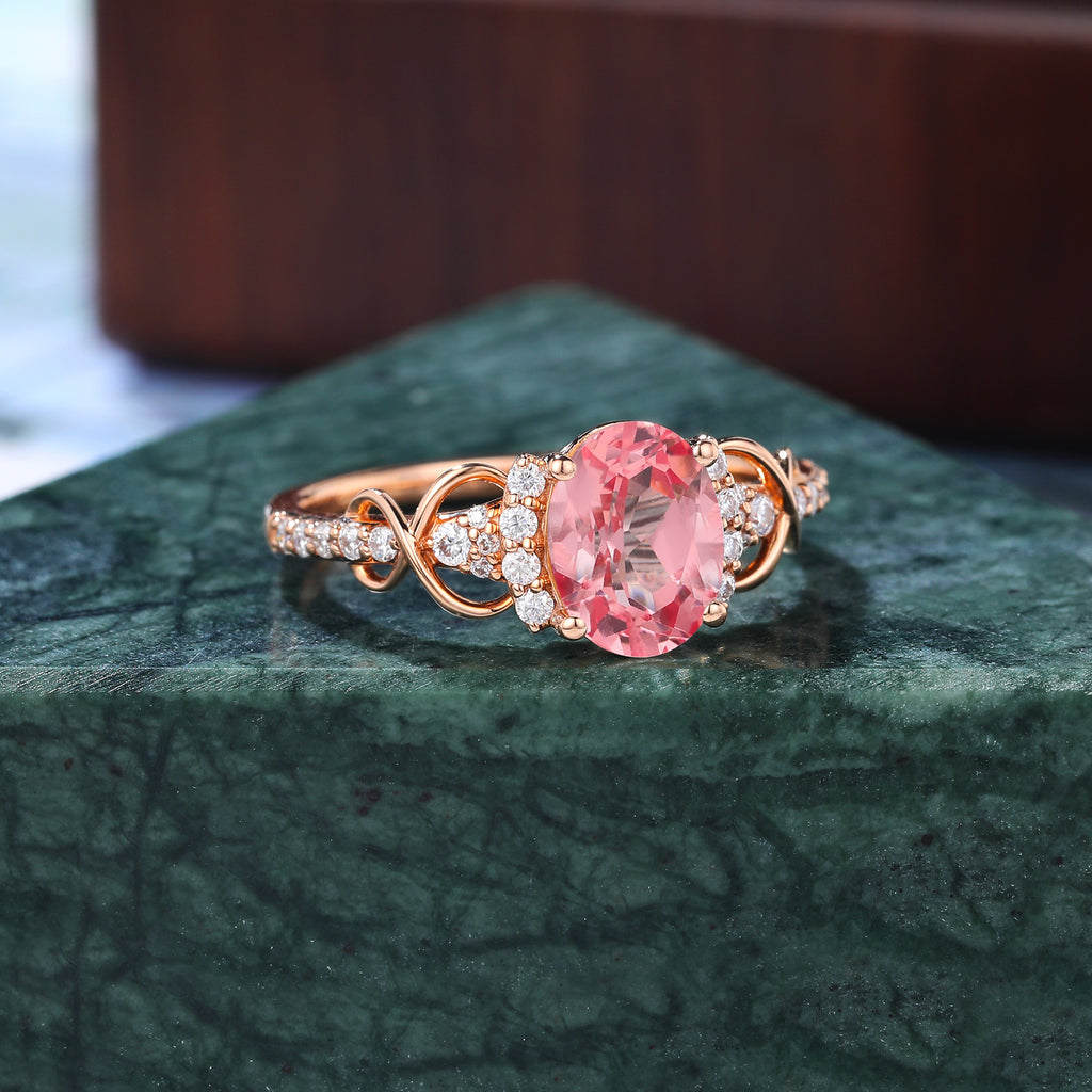 Oval cut Lab Pink Sapphire engagement ring , unique moissanite bridal ring rose/white/yellow gold , S925/10k/14k/18k gold