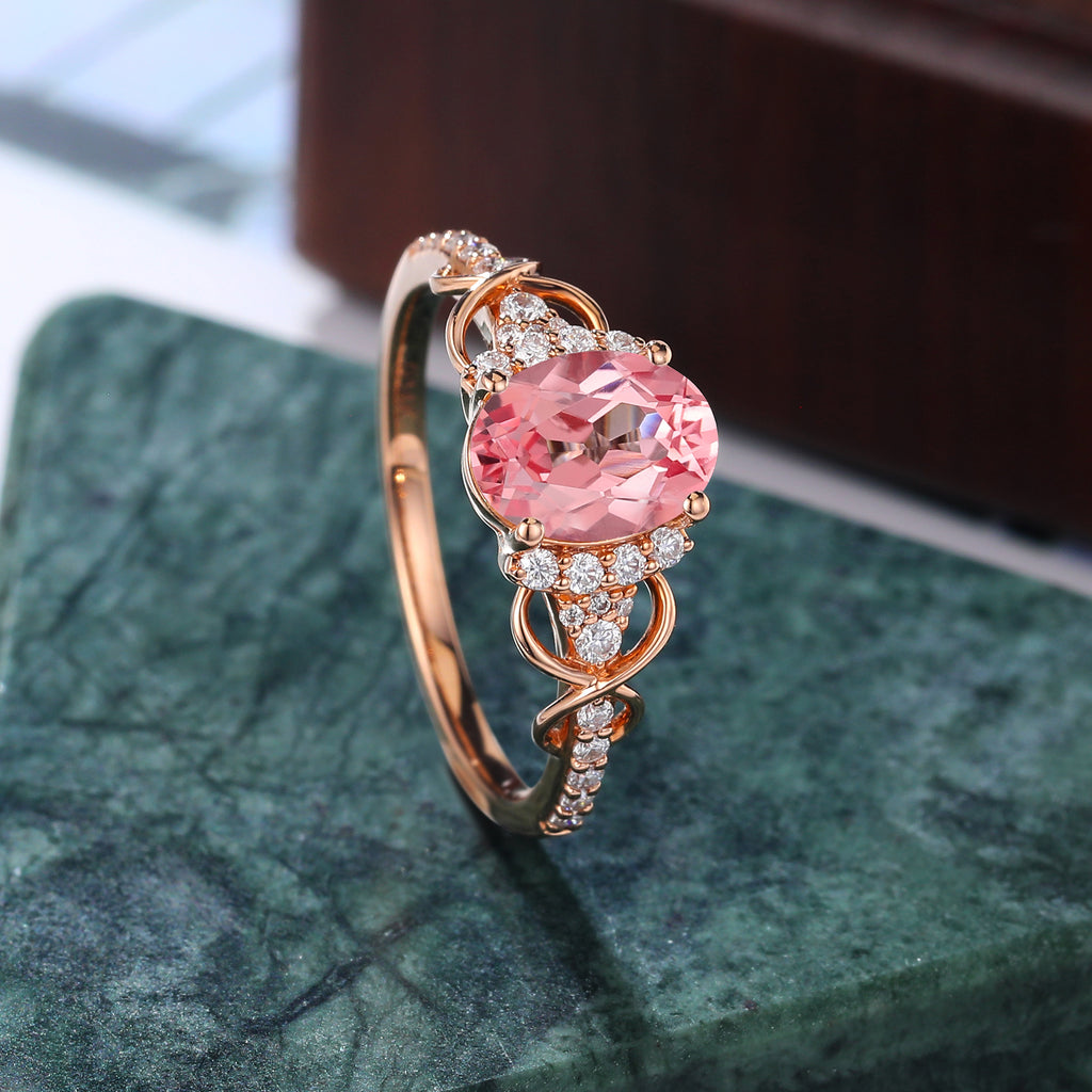 Oval cut Lab Pink Sapphire engagement ring , unique moissanite bridal ring rose/white/yellow gold , S925/10k/14k/18k gold