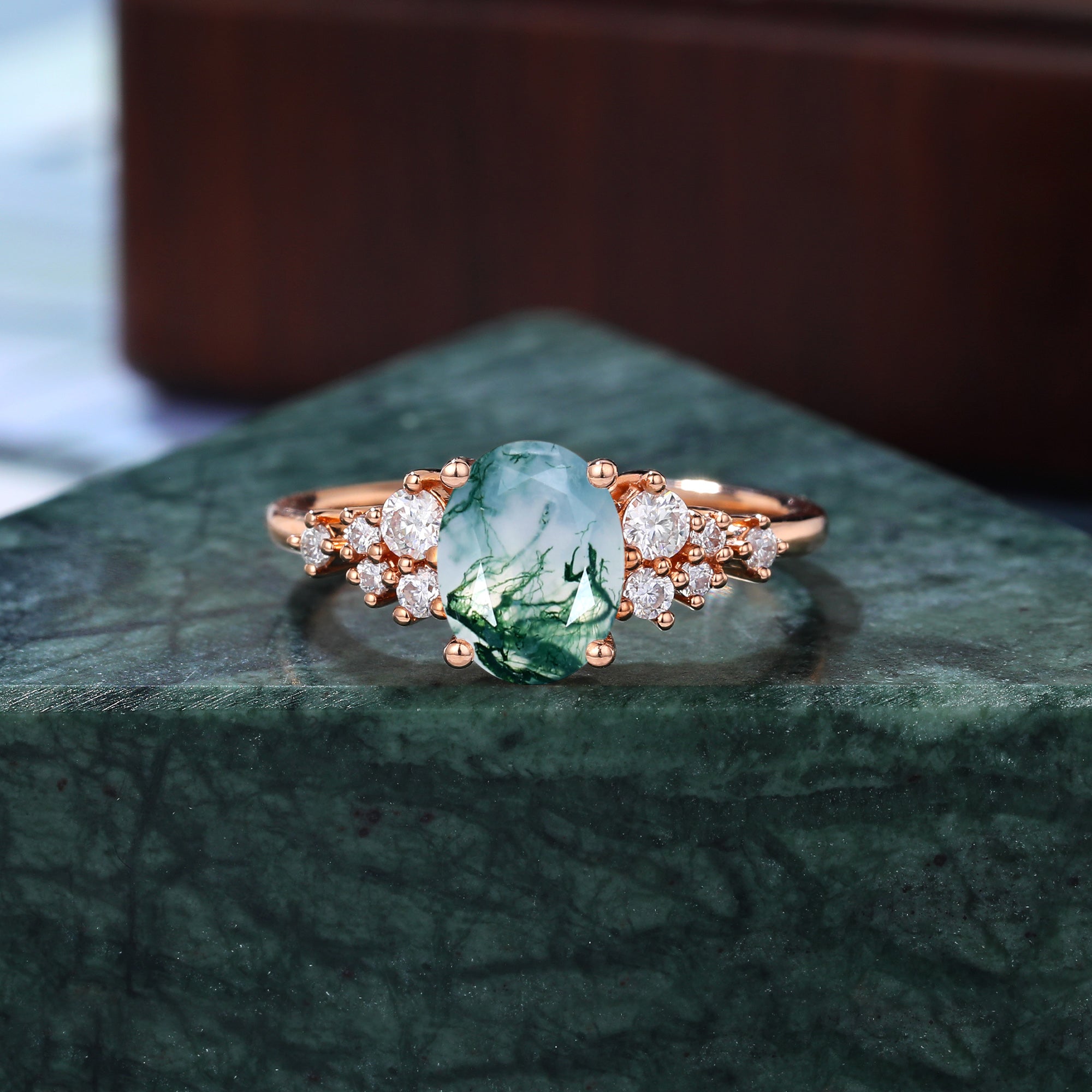 Oval cut Moss agate engagement ring. S925/10k/14k/18k gold , unique bridal ring rose/white/yellow gold.