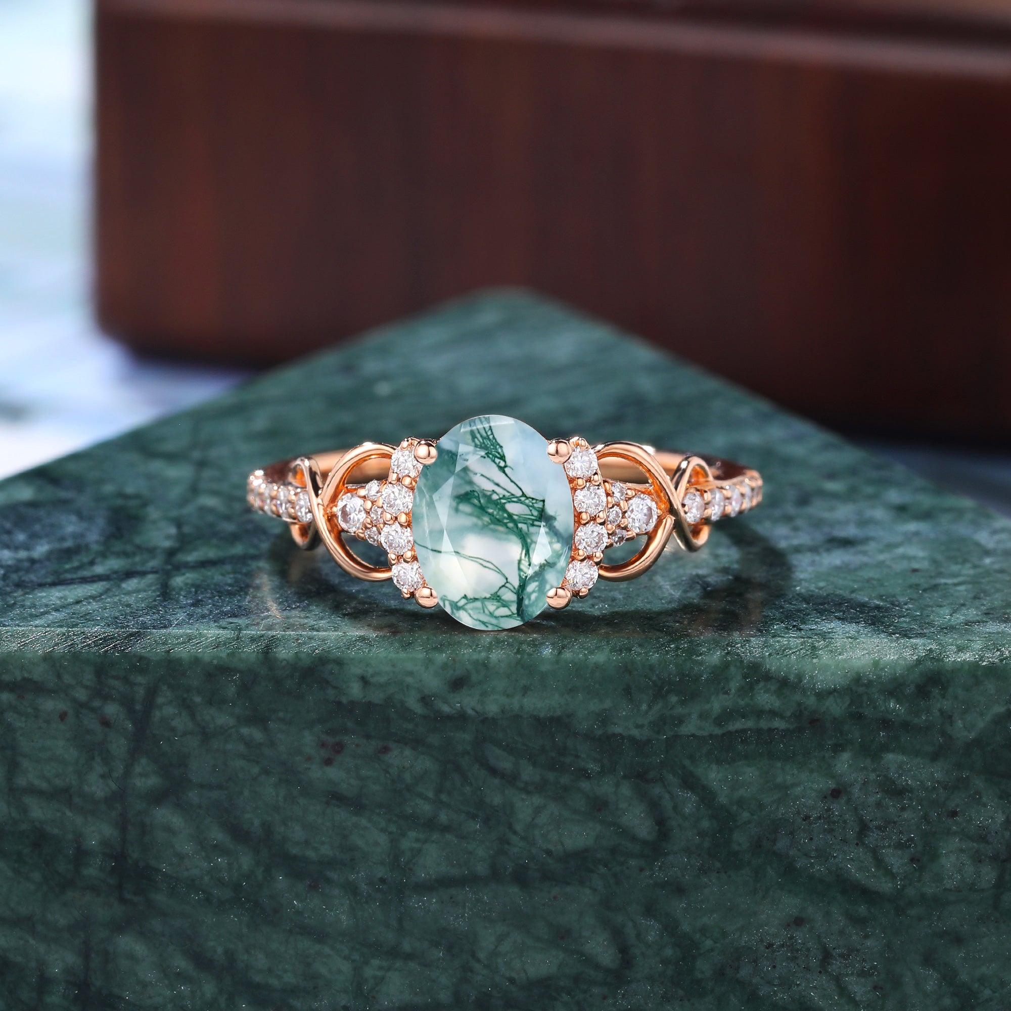 Oval cut Moss agate engagement ring S925/10k/14k/18k gold