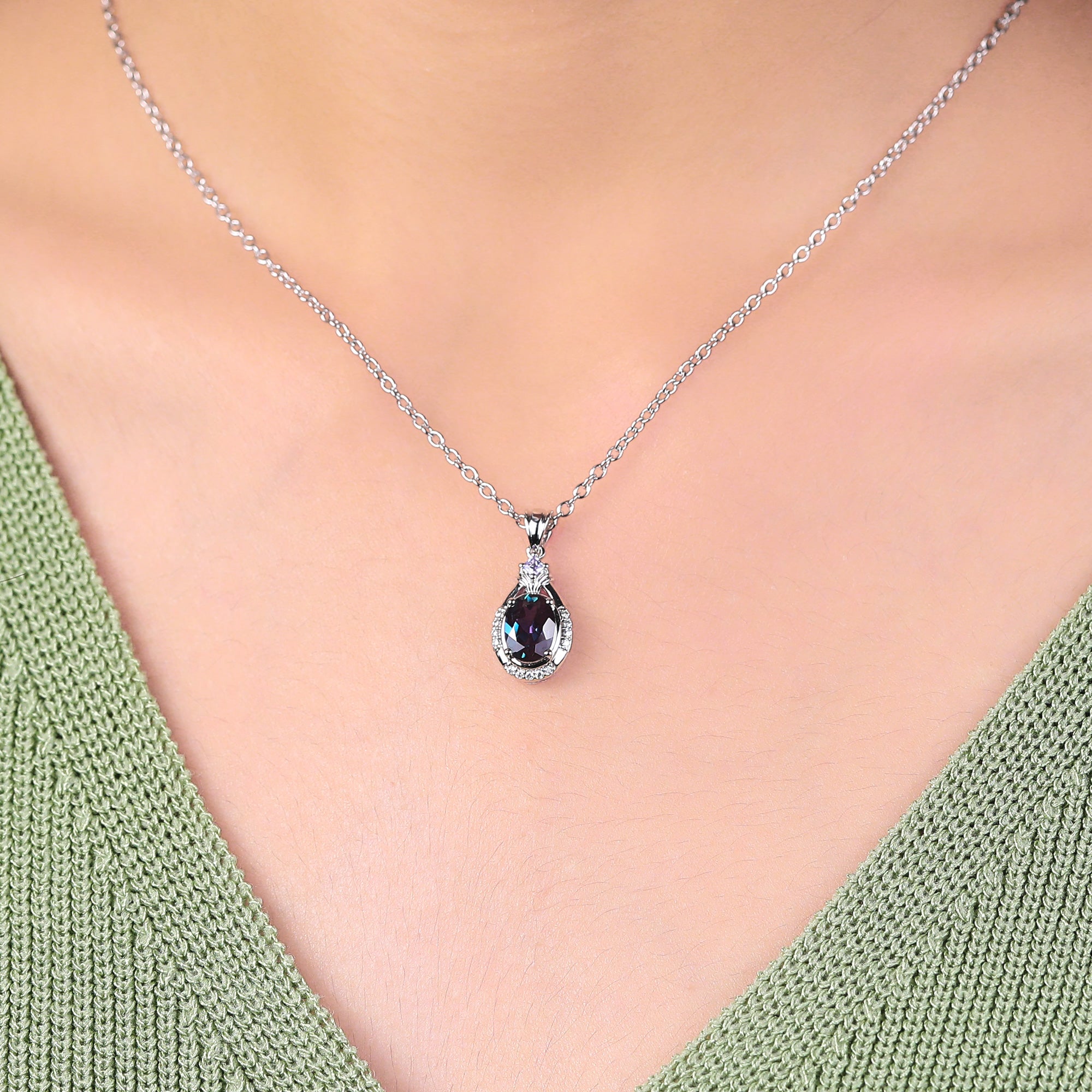 Oval Alexandrite white gold Pendant Necklace ,Princess cut Tanzanite Pendant Necklace Holiday Gifts for Girlfriends  S925/10k/14k/18k gold