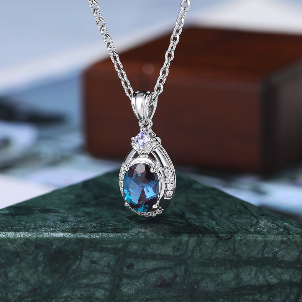 Oval Alexandrite white gold Pendant Necklace ,Princess cut Tanzanite Pendant Necklace Holiday Gifts for Girlfriends  S925/10k/14k/18k gold