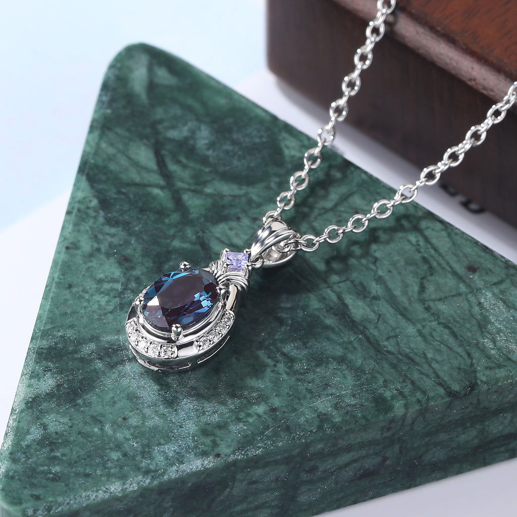 Oval Alexandrite white gold Pendant Necklace ,Princess cut Tanzanite Pendant Necklace Holiday Gifts for Girlfriends  S925/10k/14k/18k gold