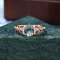 Pear shape Moss agate Rose gold engagement ring S925/10k/14k/18k gold ring, unique bridal ring rose/white gold