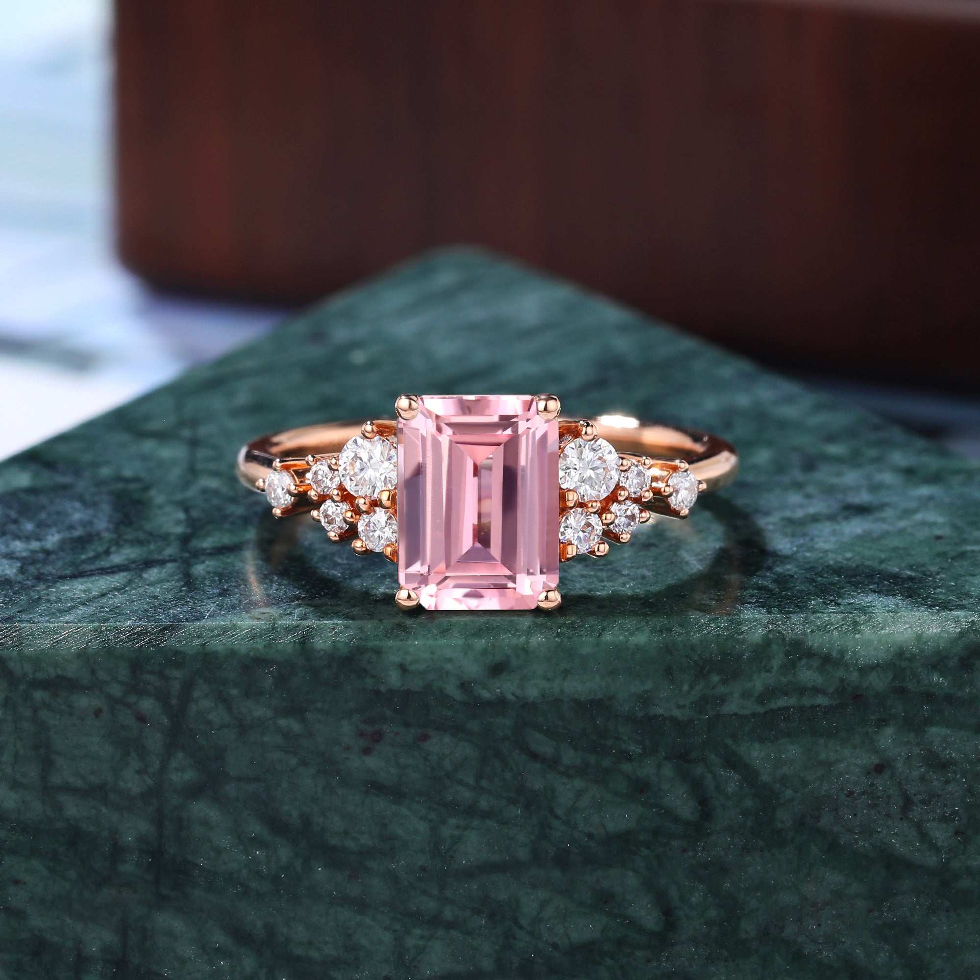Emerald cut Lab Pink Sapphire engagement ring S925/10k/14k/18k gold , unique moissanite bridal ring rose/white/yellow gold ring