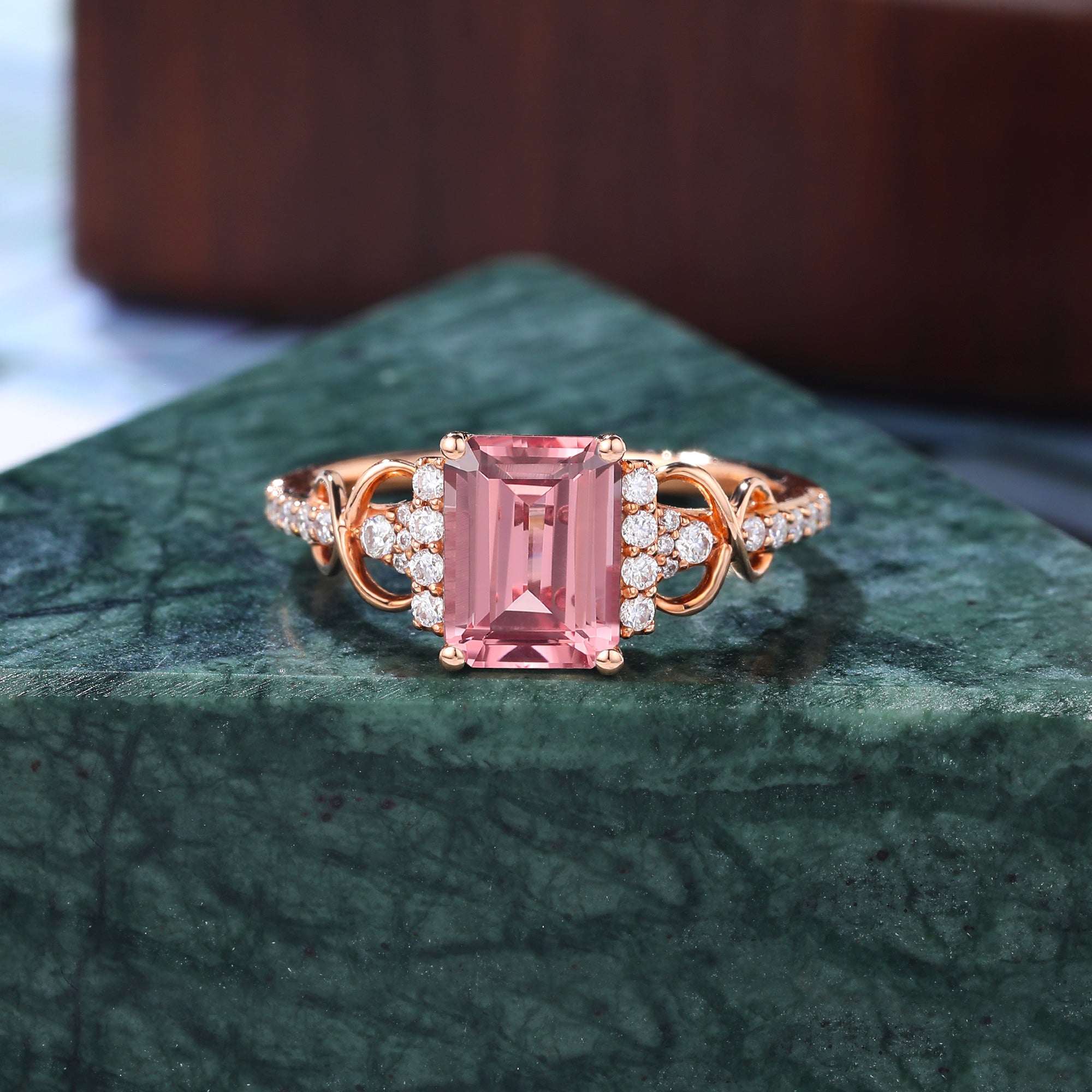 Emerald cut Lab Pink Sapphire engagement ring , unique moissanite bridal ring rose/white/yellow gold   S925/10k/14k/18k