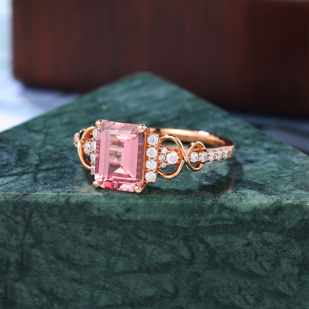 Emerald cut Lab Pink Sapphire engagement ring , unique moissanite bridal ring rose/white/yellow gold   S925/10k/14k/18k