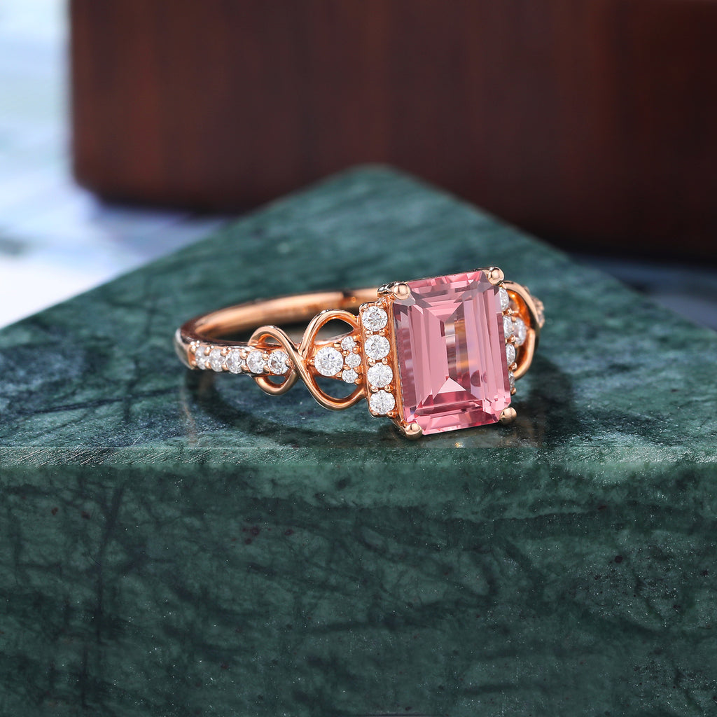 Emerald cut Lab Pink Sapphire engagement ring , unique moissanite bridal ring rose/white/yellow gold   S925/10k/14k/18k