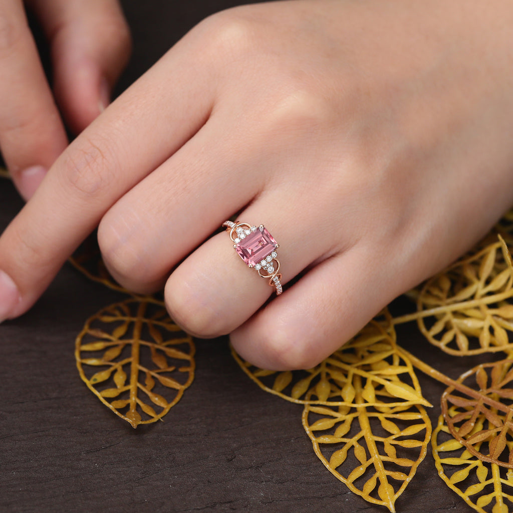 Emerald cut Lab Pink Sapphire engagement ring , unique moissanite bridal ring rose/white/yellow gold   S925/10k/14k/18k