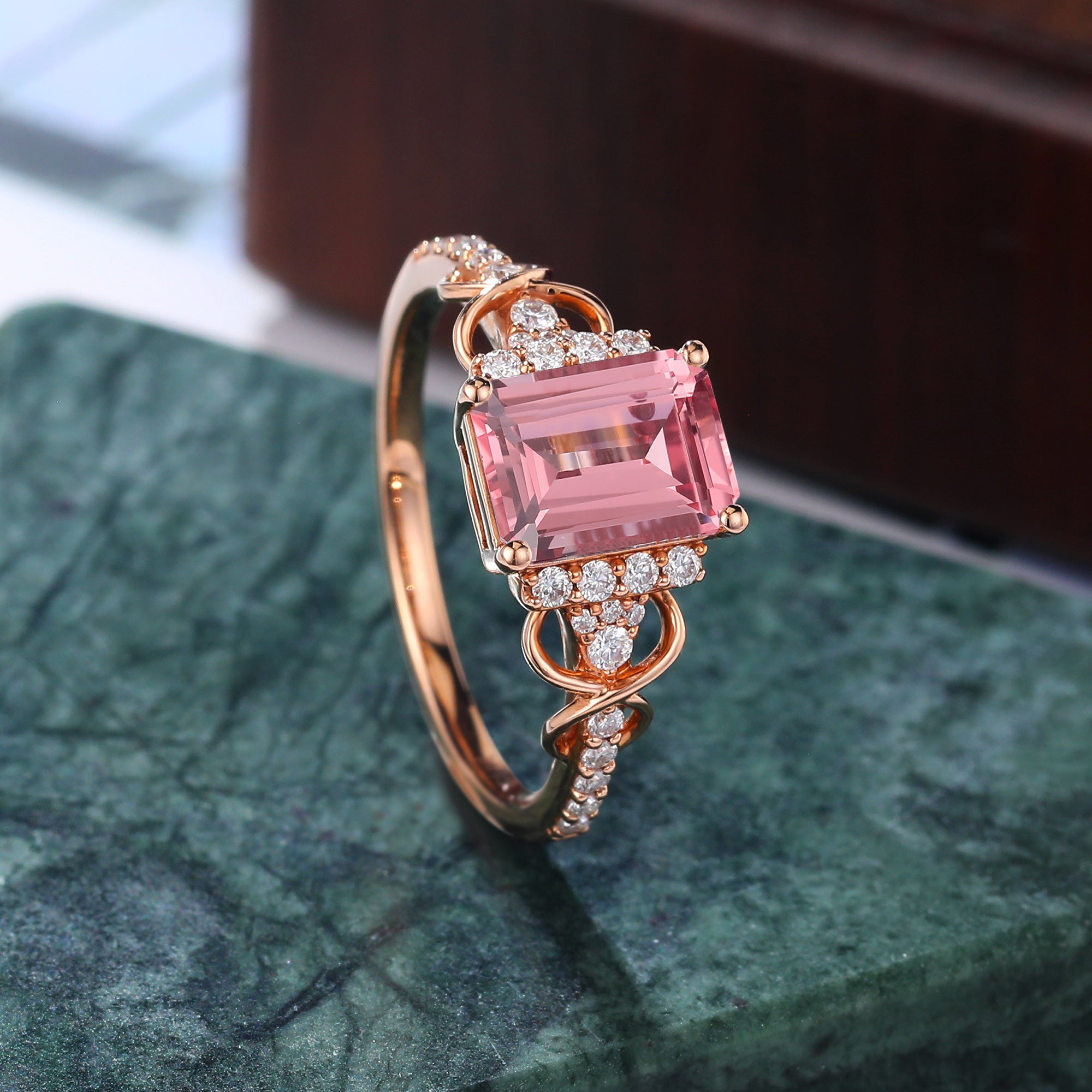 Emerald cut Lab Pink Sapphire engagement ring , unique moissanite bridal ring rose/white/yellow gold   S925/10k/14k/18k