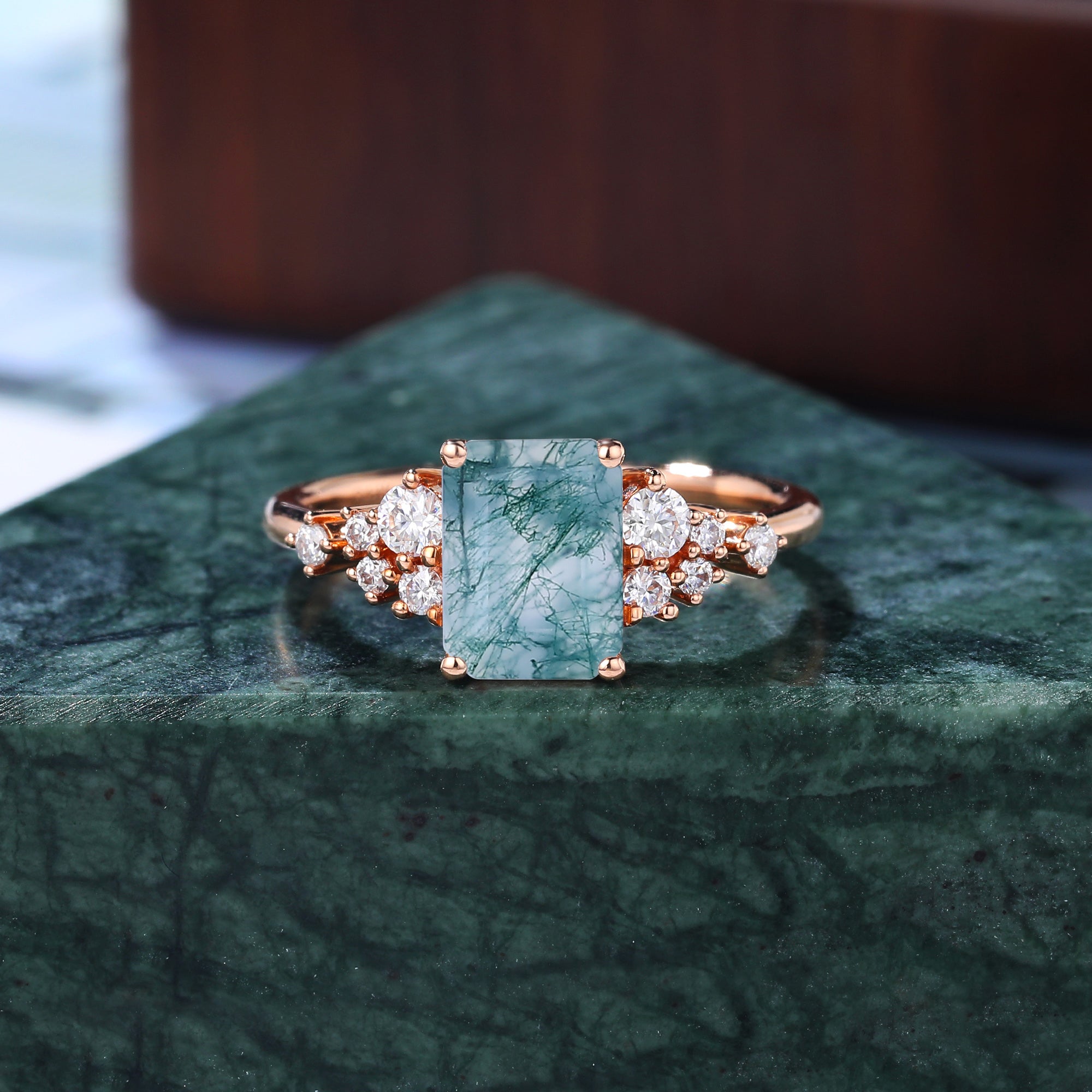 Emerald cut  Moss agate engagement ring. S925/10k/14k/18k gold , rose/white/yellow gold ring
