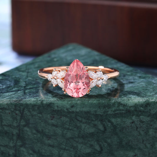 Pear shape Lab Pink Sapphire engagement ring 925silver/10k/14k/18k gold , unique moissanite bridal ring rose/white/yellow gold