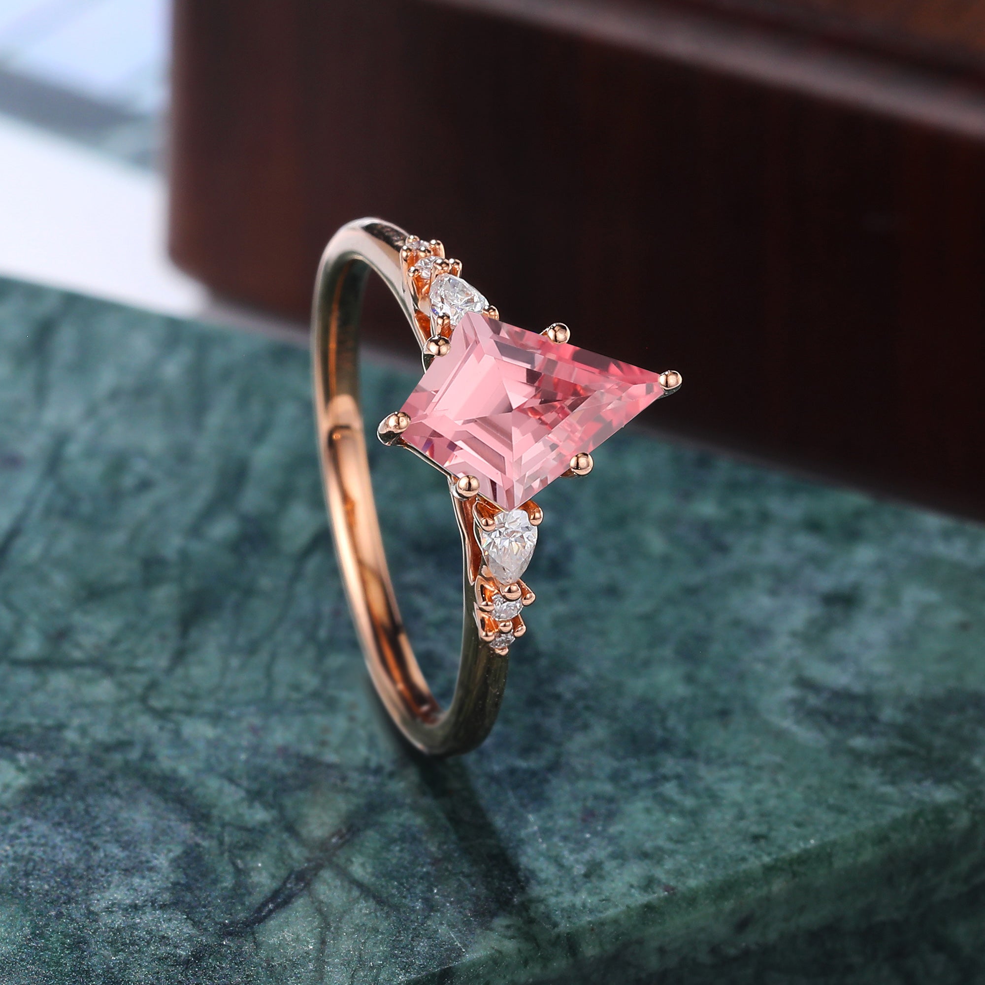 Kite cut Lab Pink Sapphire engagement ring , unique moissanite bridal ring rose/white/yellow gold ring ,S925/10k/14k/18k