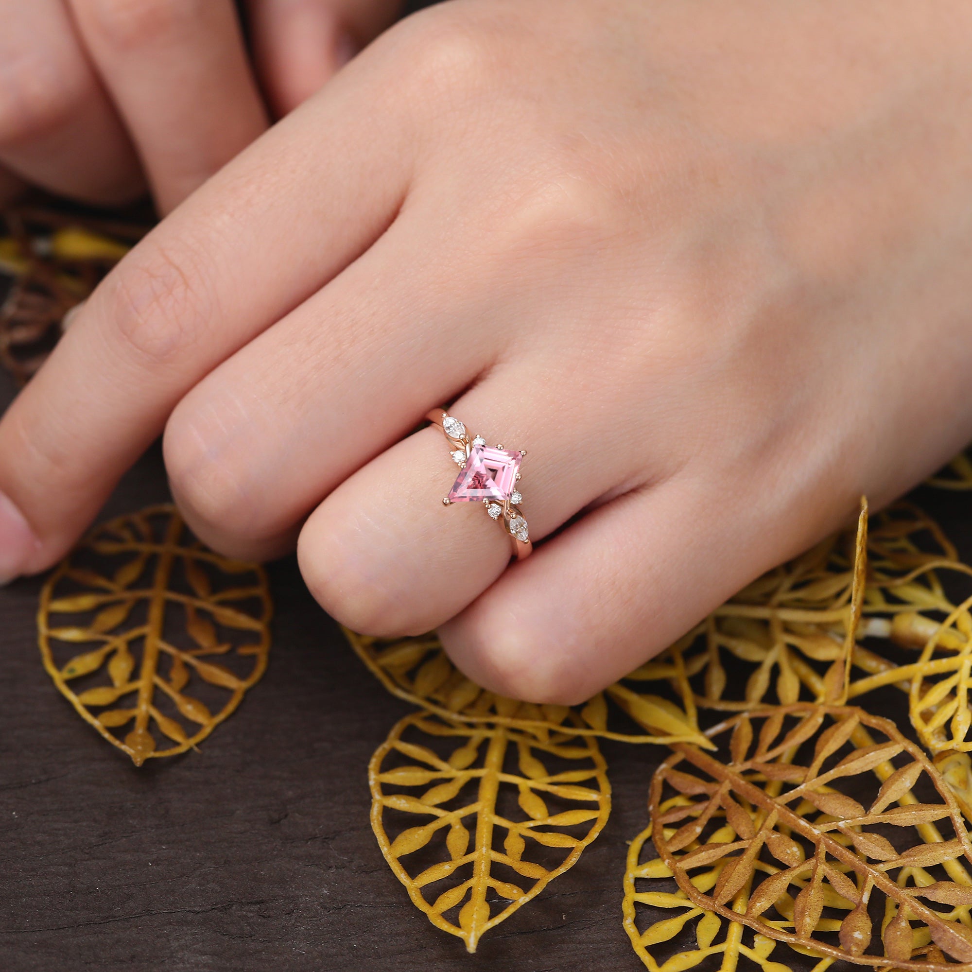 Kite cut Lab Pink Sapphire engagement ring 925silver/10k/14k/18k gold , unique moissanite bridal ring rose/white/yellow gold