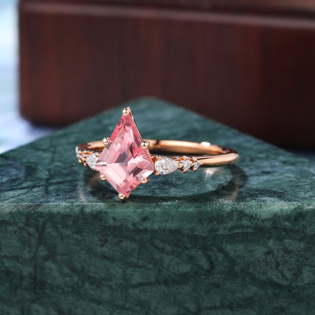 Kite cut Lab Pink Sapphire engagement ring , unique moissanite bridal ring rose/white/yellow gold ring ,S925/10k/14k/18k