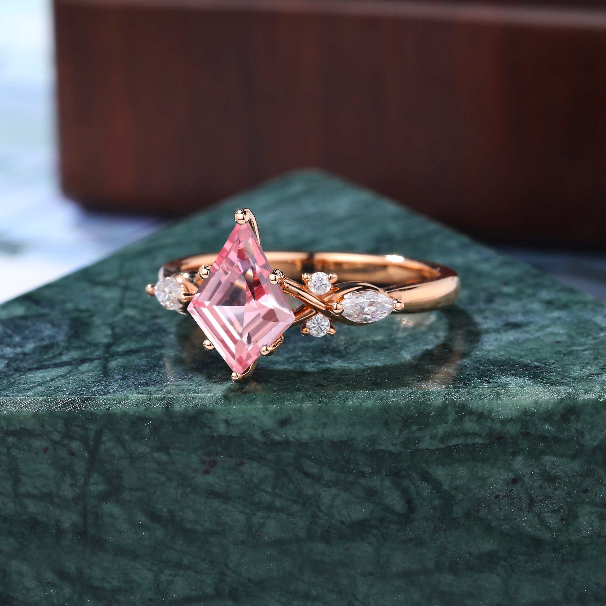 Kite cut Lab Pink Sapphire engagement ring 925silver/10k/14k/18k gold , unique moissanite bridal ring rose/white/yellow gold