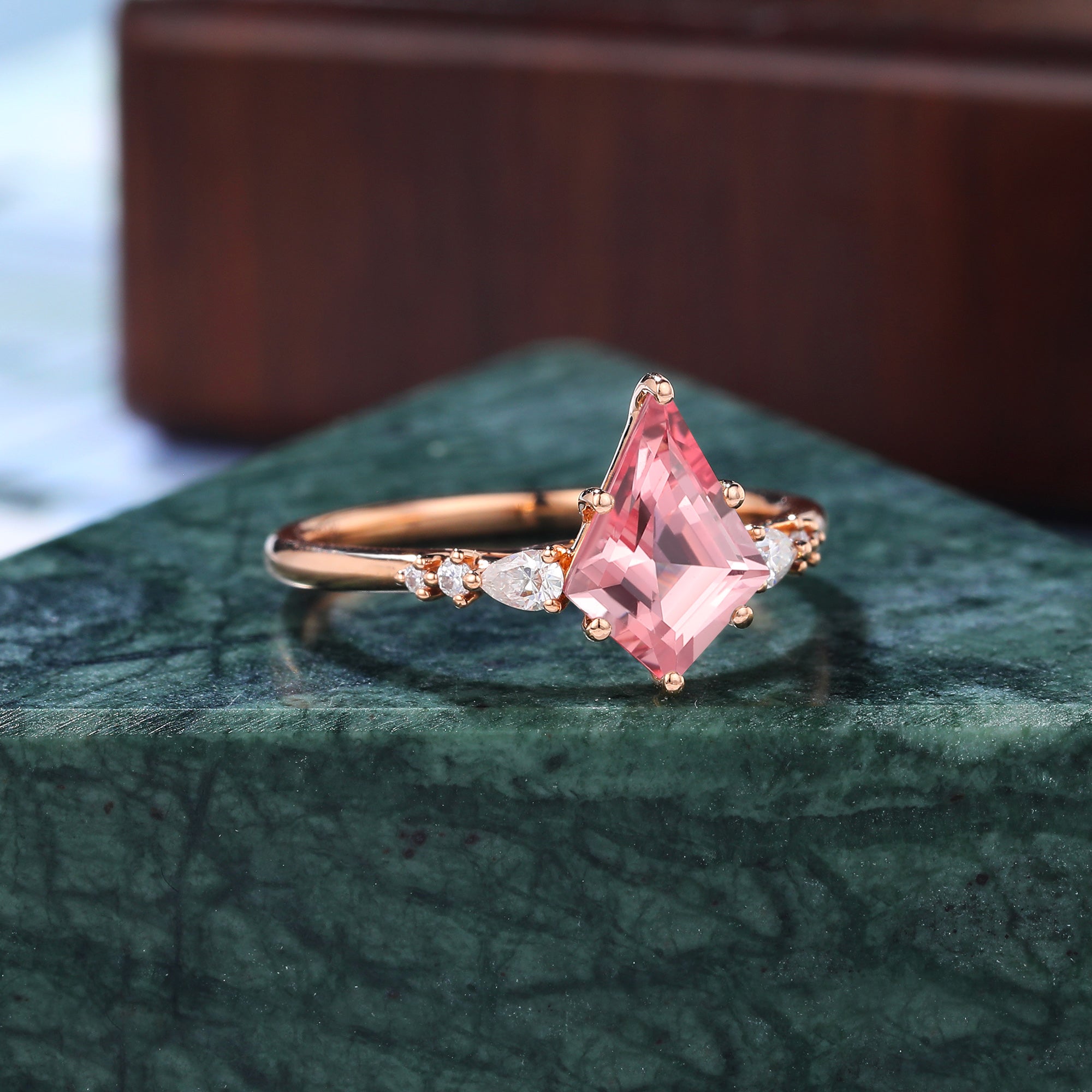 Kite cut Lab Pink Sapphire engagement ring , unique moissanite bridal ring rose/white/yellow gold ring ,S925/10k/14k/18k