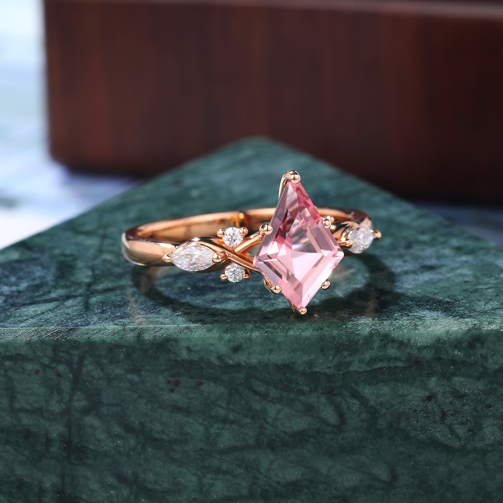 Kite cut Lab Pink Sapphire engagement ring 925silver/10k/14k/18k gold , unique moissanite bridal ring rose/white/yellow gold