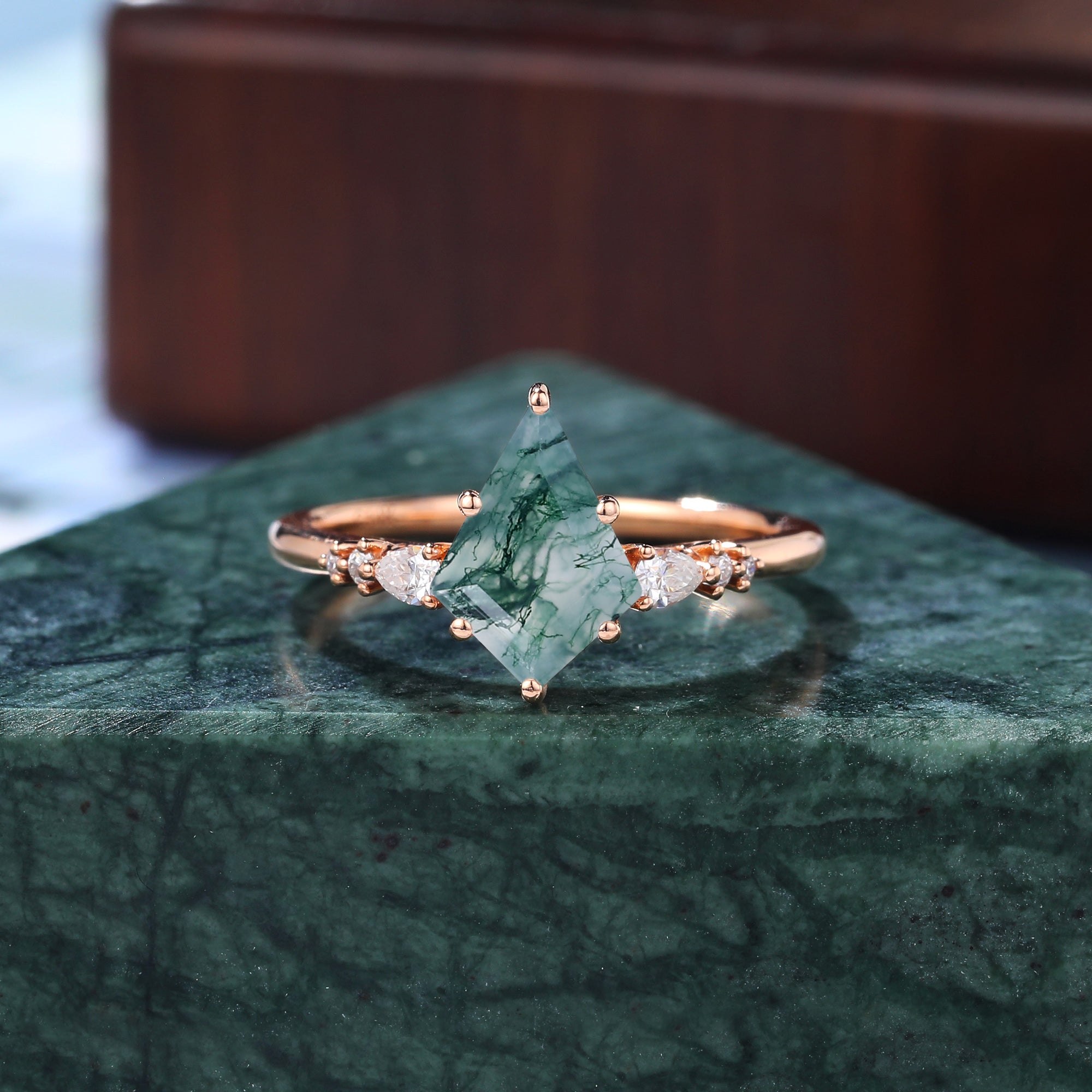 Unique Kite cut Moss agate rose gold engagement ring S925/10k/14k/18k gold