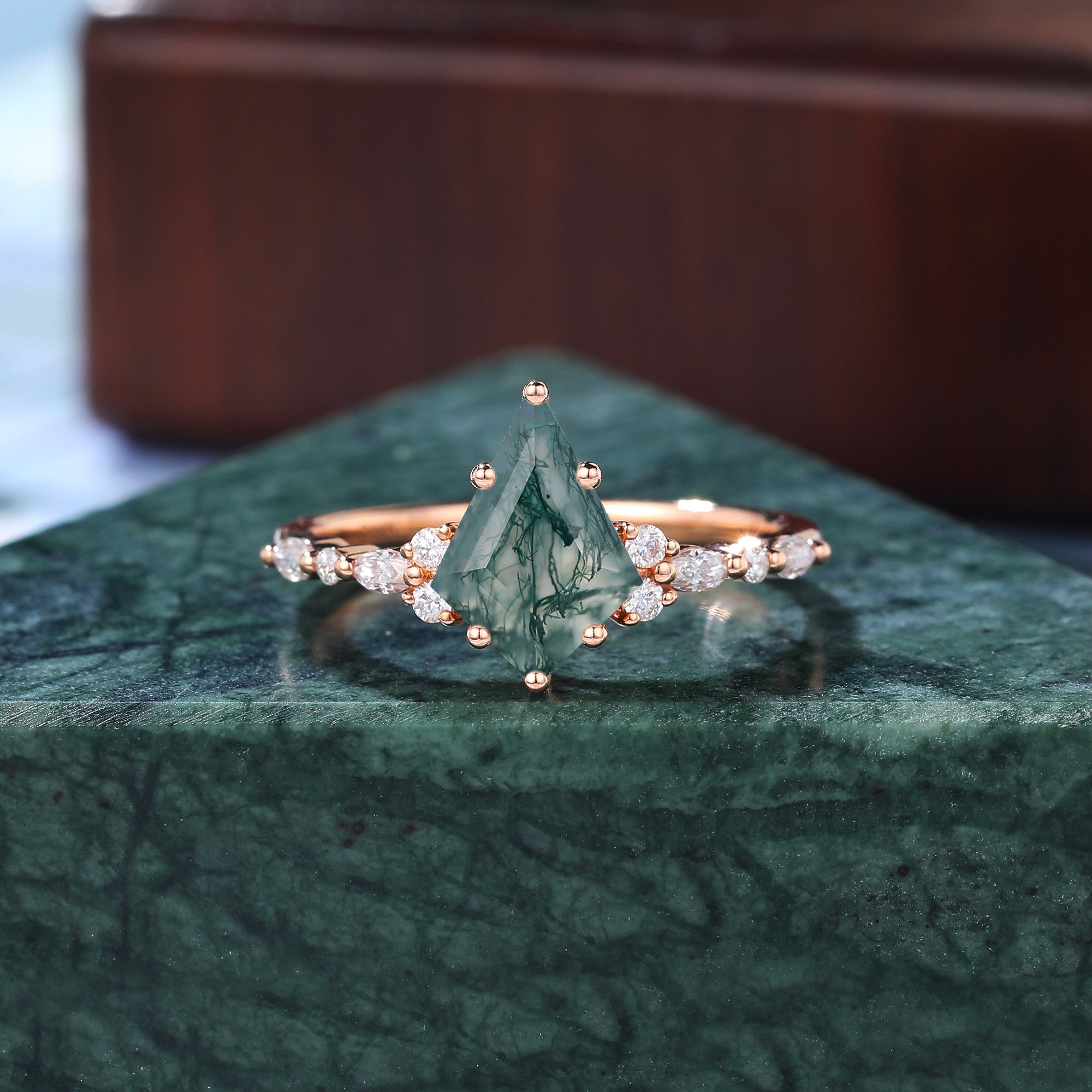 Kite cut Moss agate engagement ring S925/10k/14k/18k gold ,  rose/white/yellow gold ring