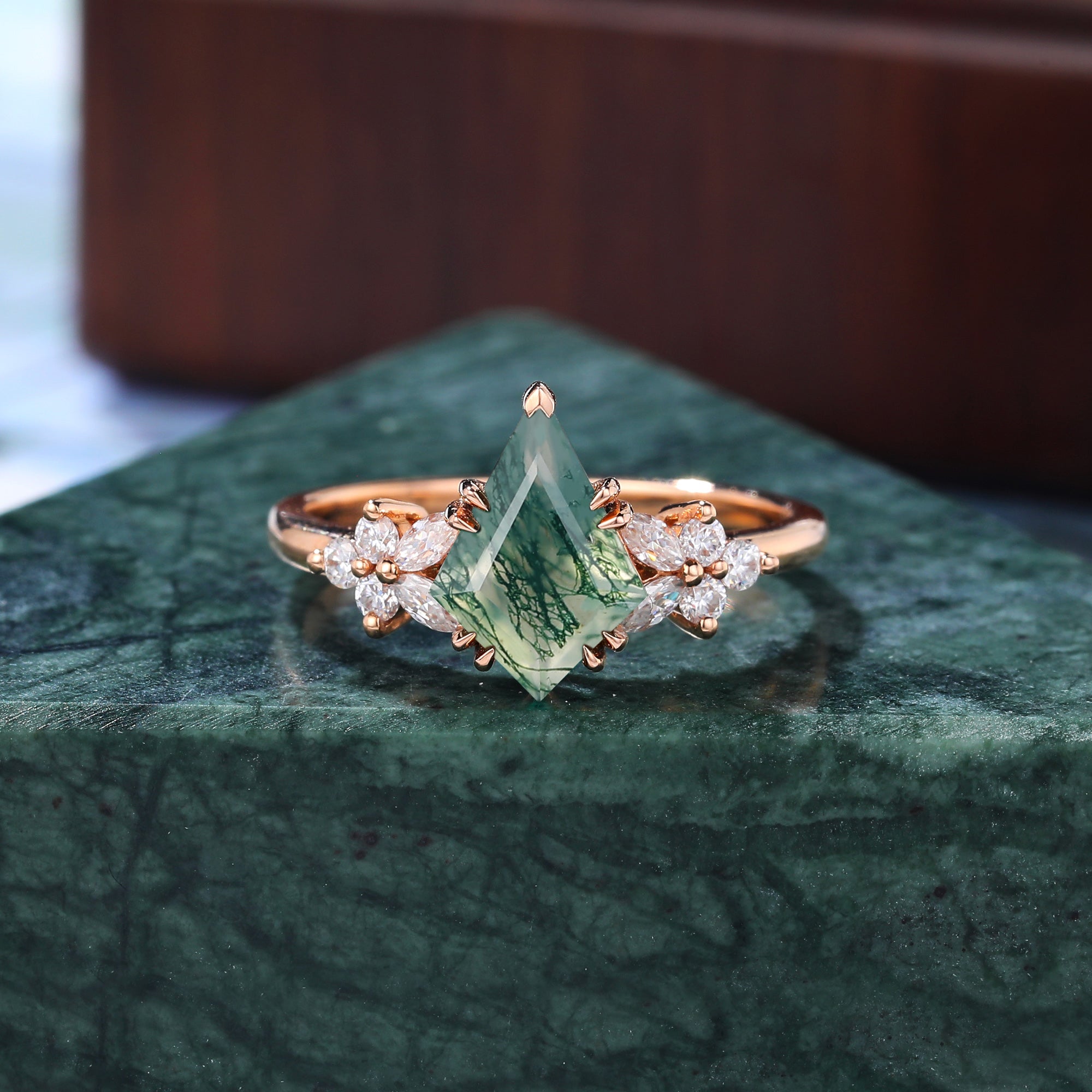 Unique Kite cut Moss agate rose gold engagement ring S925/10k/14k/18k , unique bridal ring rose/white/yellow gold