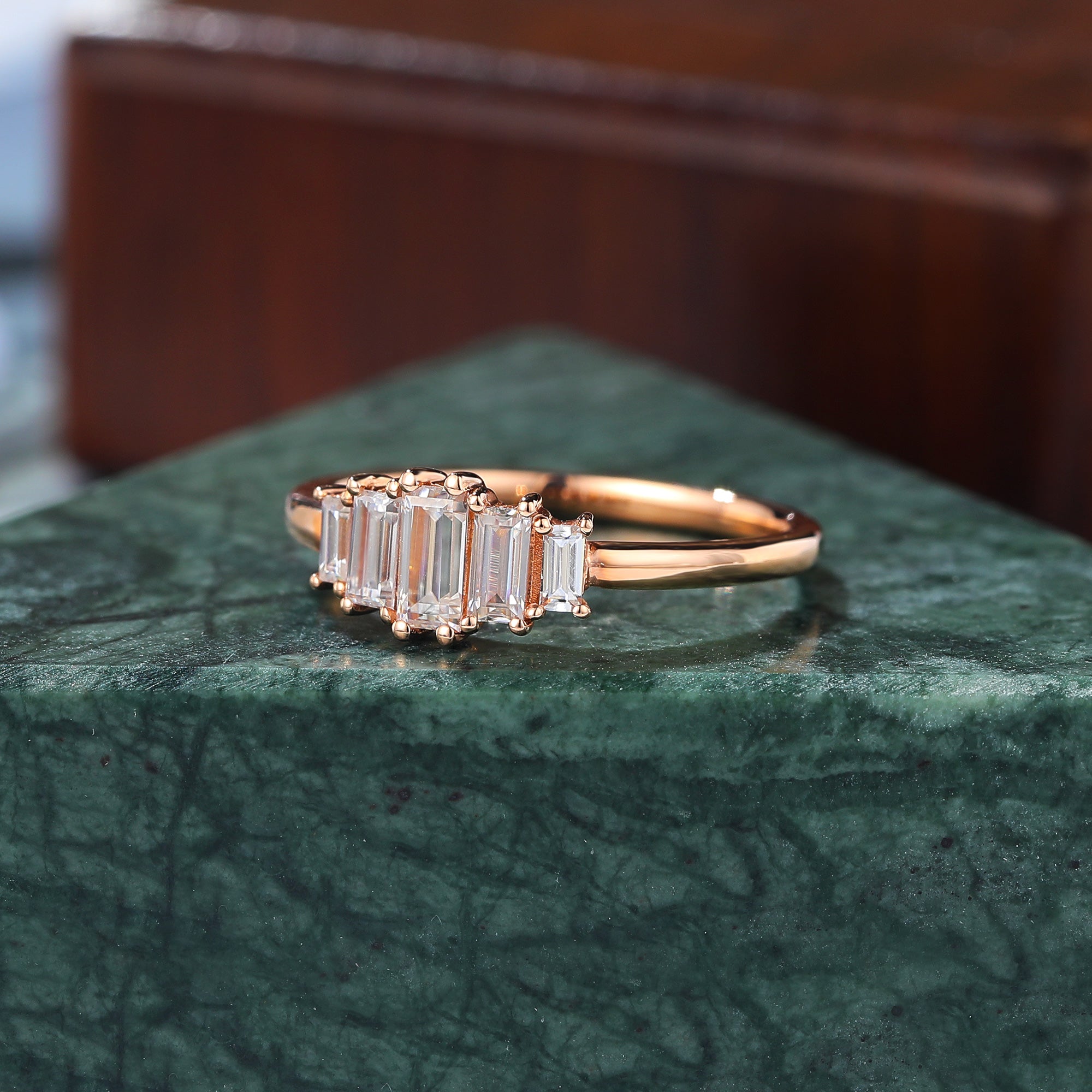 Baguette cut Moissanite rose gold engagement Ring.