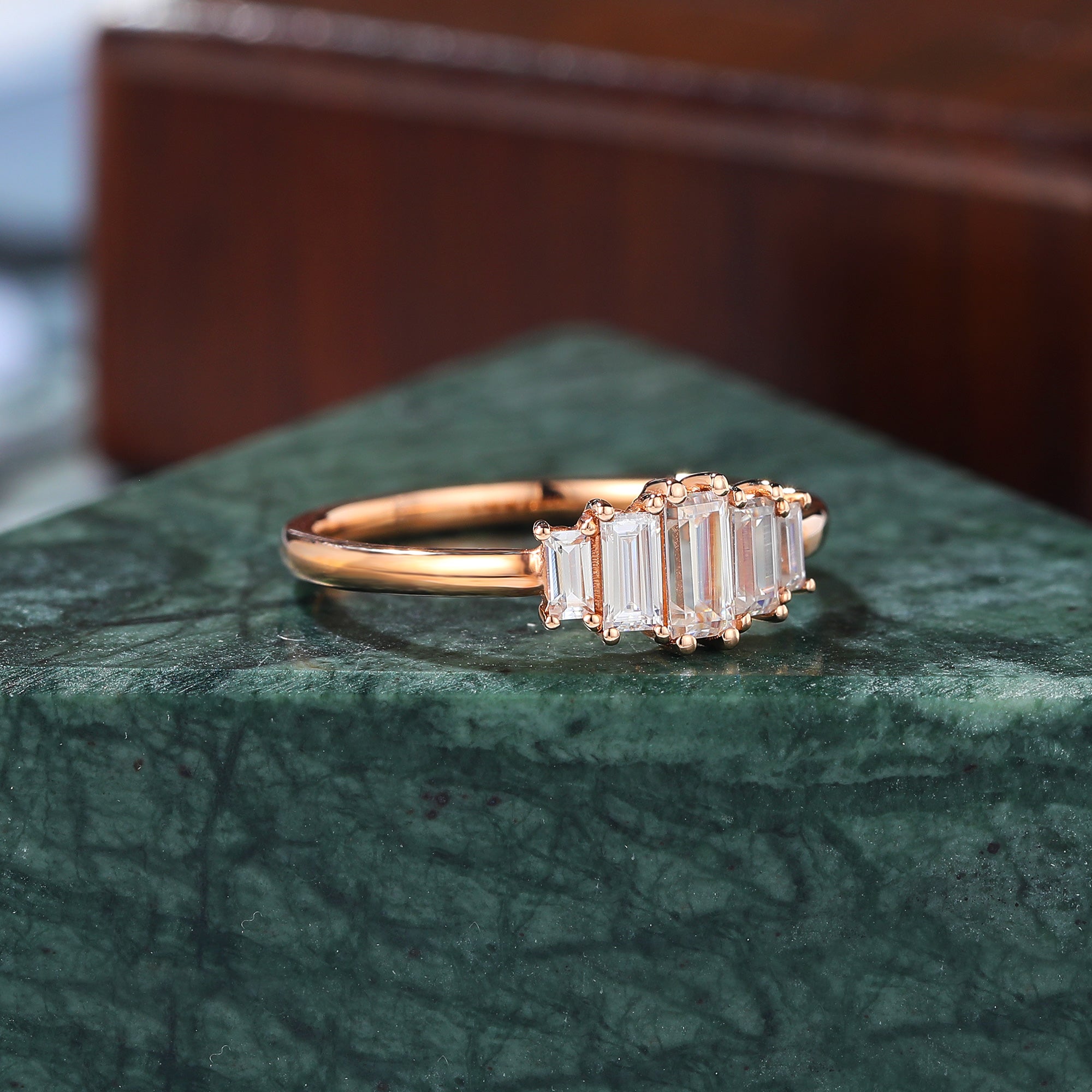Baguette cut Moissanite rose gold engagement Ring.