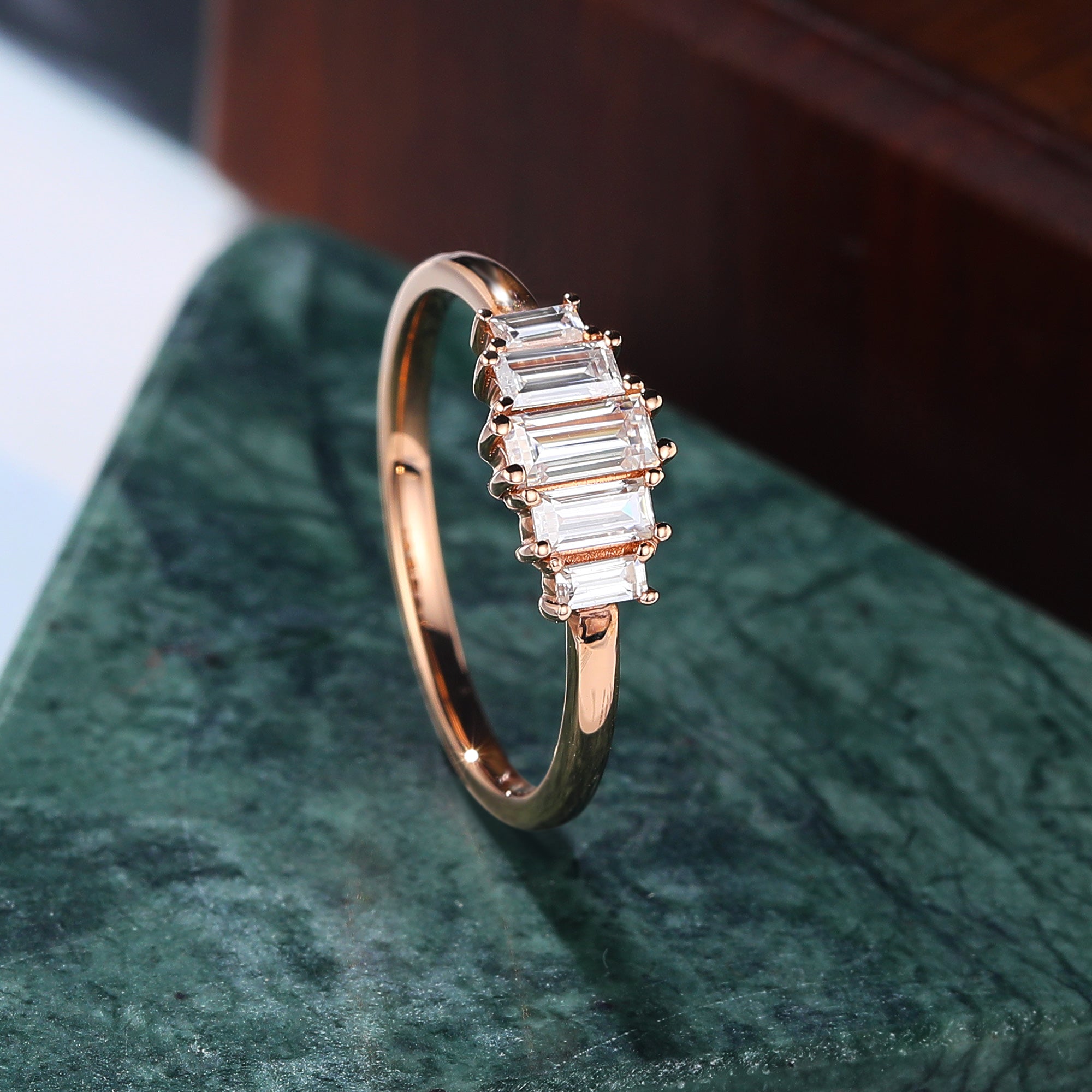 Baguette cut Moissanite rose gold engagement Ring.