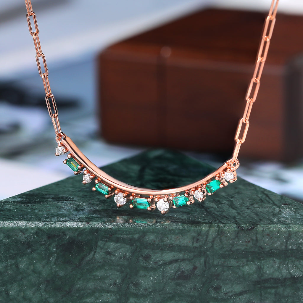 Slightly Curved Baguette cut Lab Emerald & Moissanite Bar Necklace for women