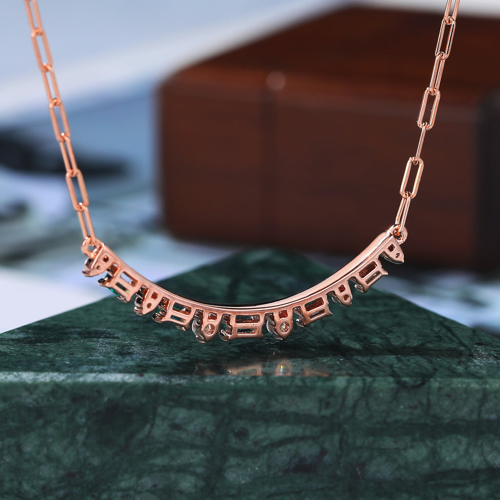 Slightly Curved Baguette cut Lab Emerald & Moissanite Bar Necklace for women