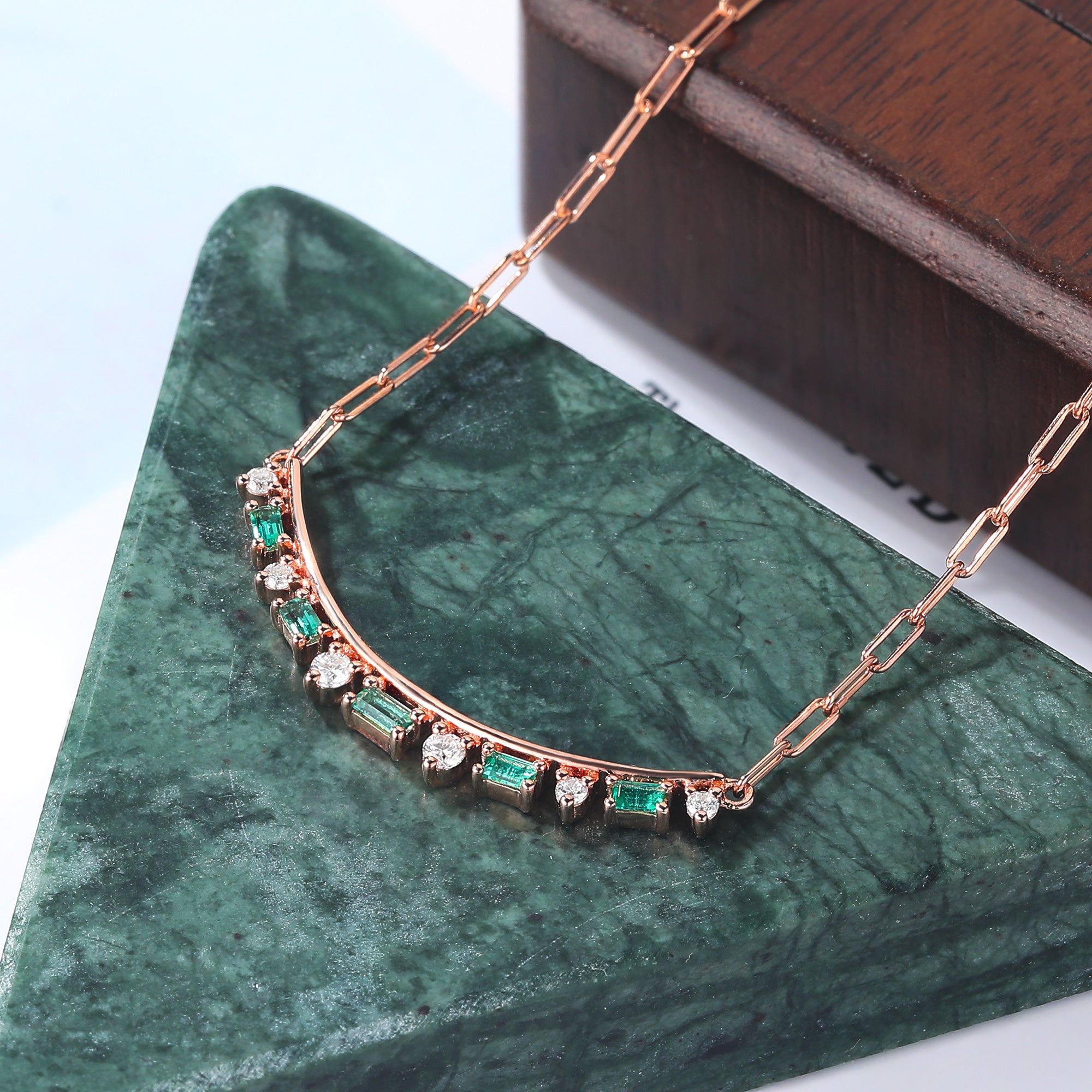 Slightly Curved Baguette cut Lab Emerald & Moissanite Bar Necklace for women
