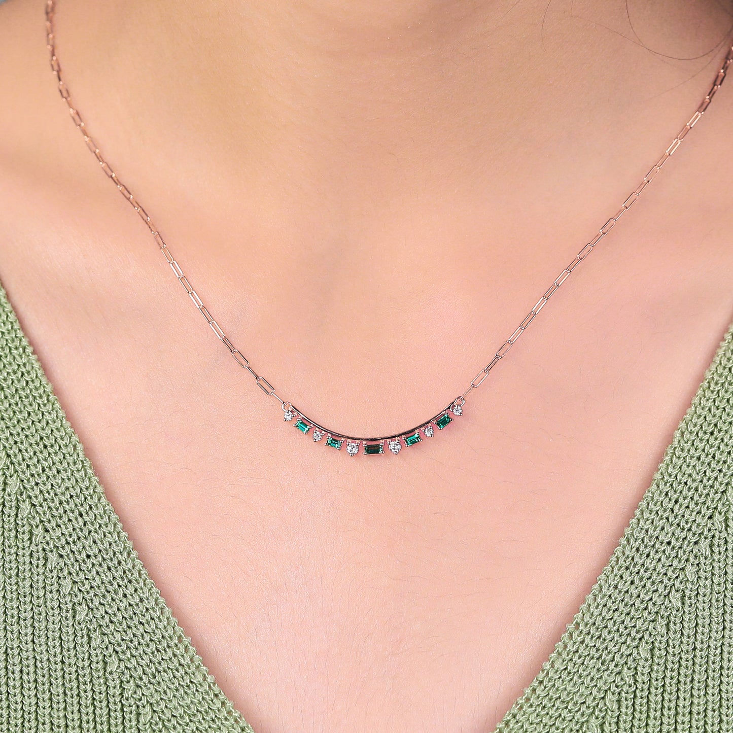 Slightly Curved Baguette cut Lab Emerald & Moissanite Bar Necklace for women