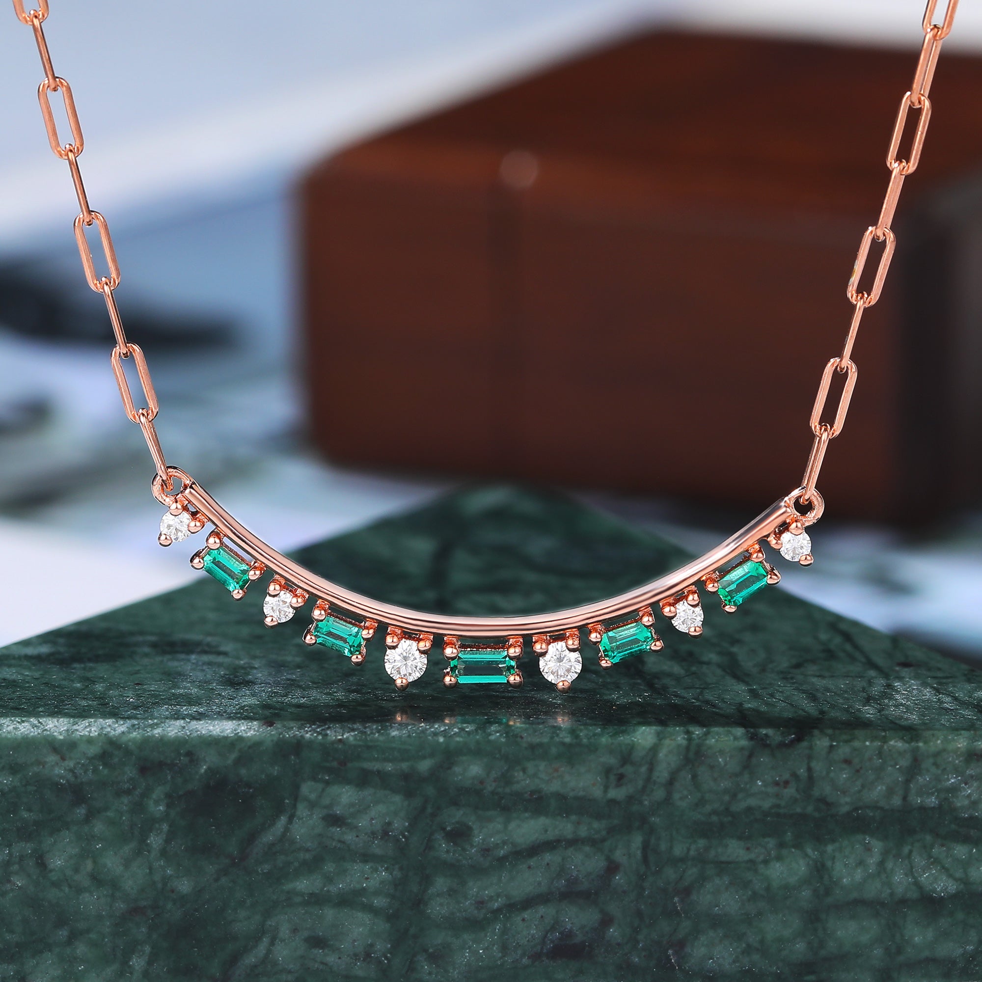 Slightly Curved Baguette cut Lab Emerald & Moissanite Bar Necklace for women